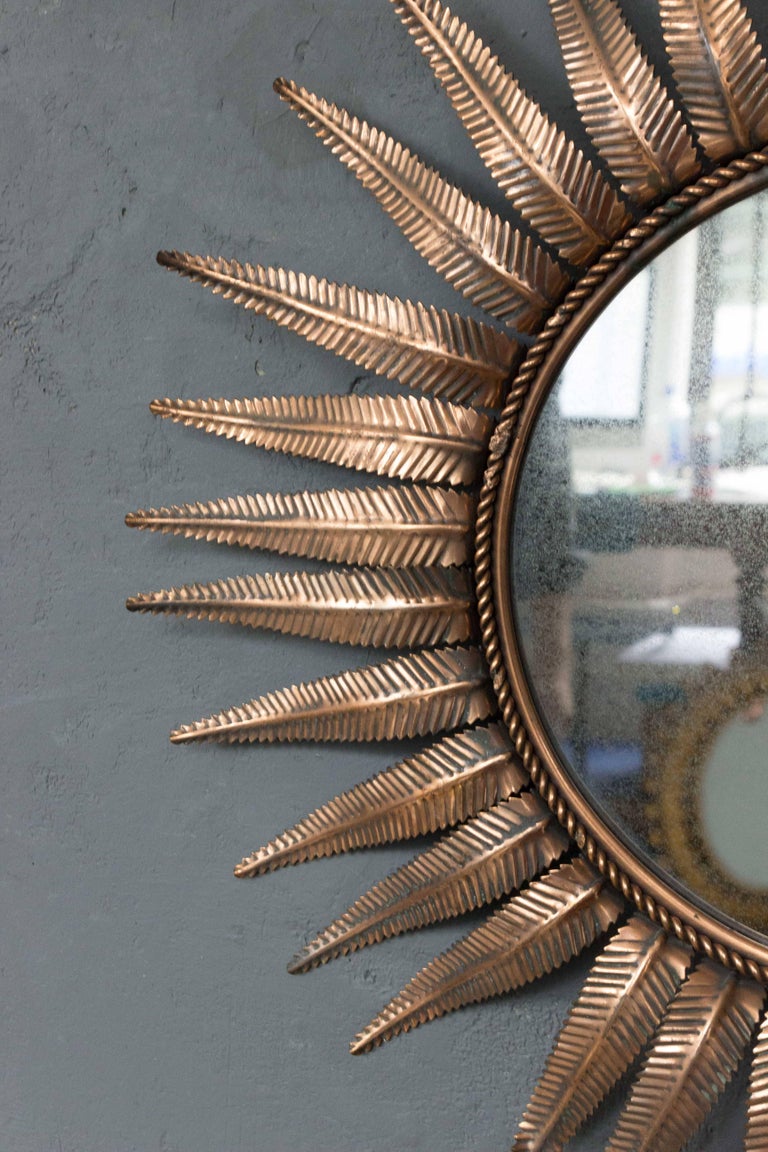 1940s French Copper Plated Sunburst Mirror For Sale at 1stdibs