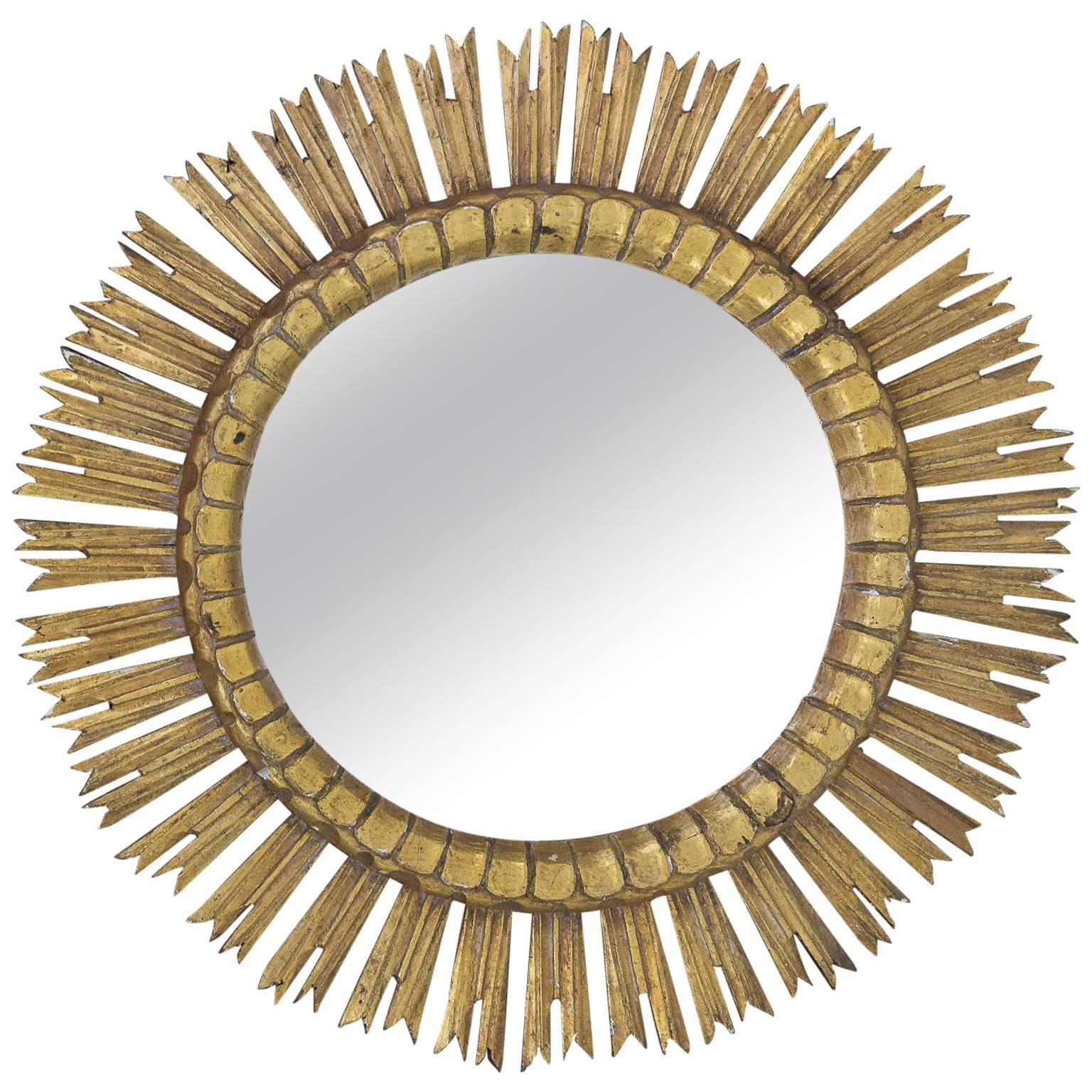 Spanish Giltwood Sunburst Mirror with Carved Frame