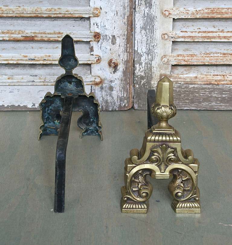 Iron Pair of Ornate French 1950s Andirons For Sale