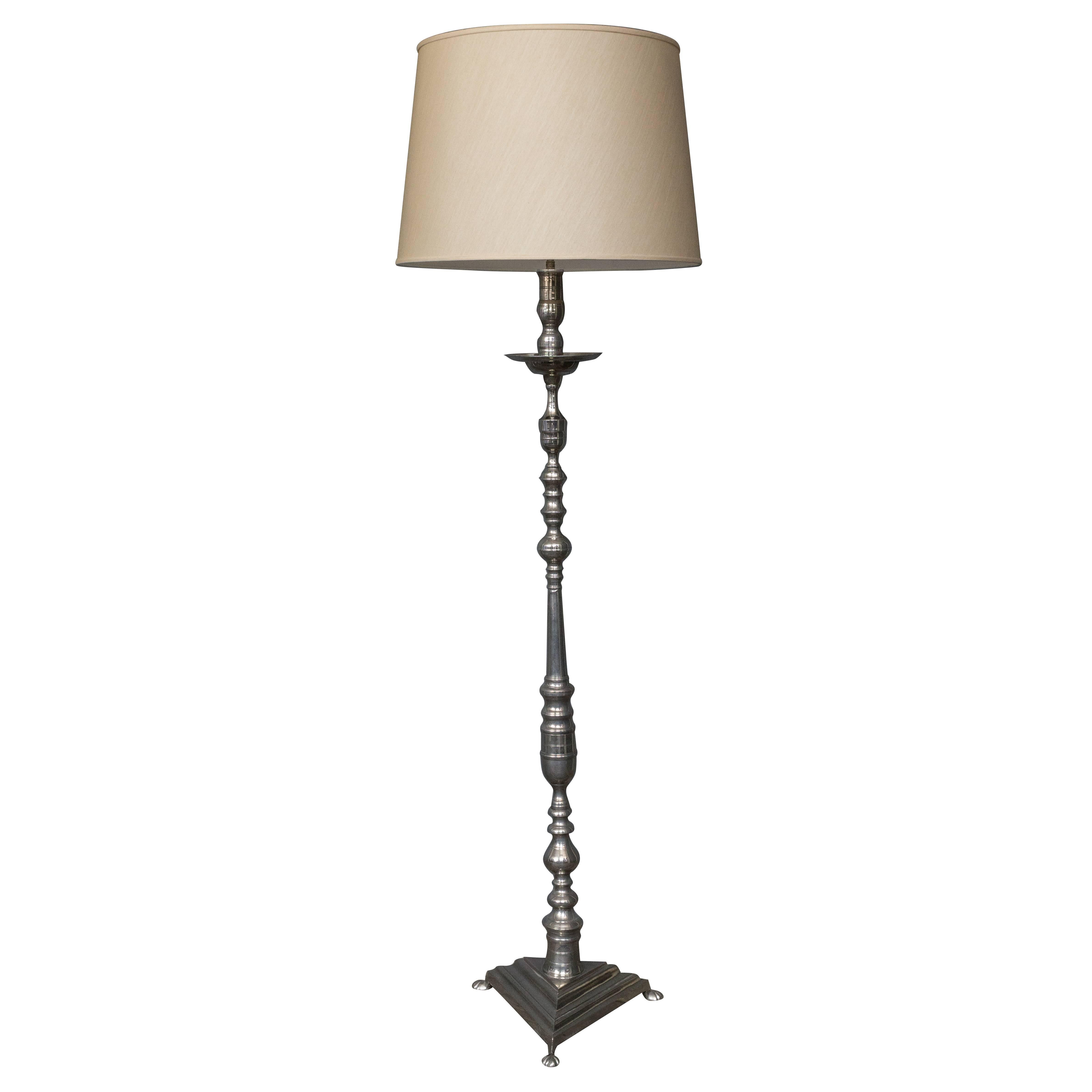 French Nickel-Plated Bronze Floor Lamp with Triangular Base
