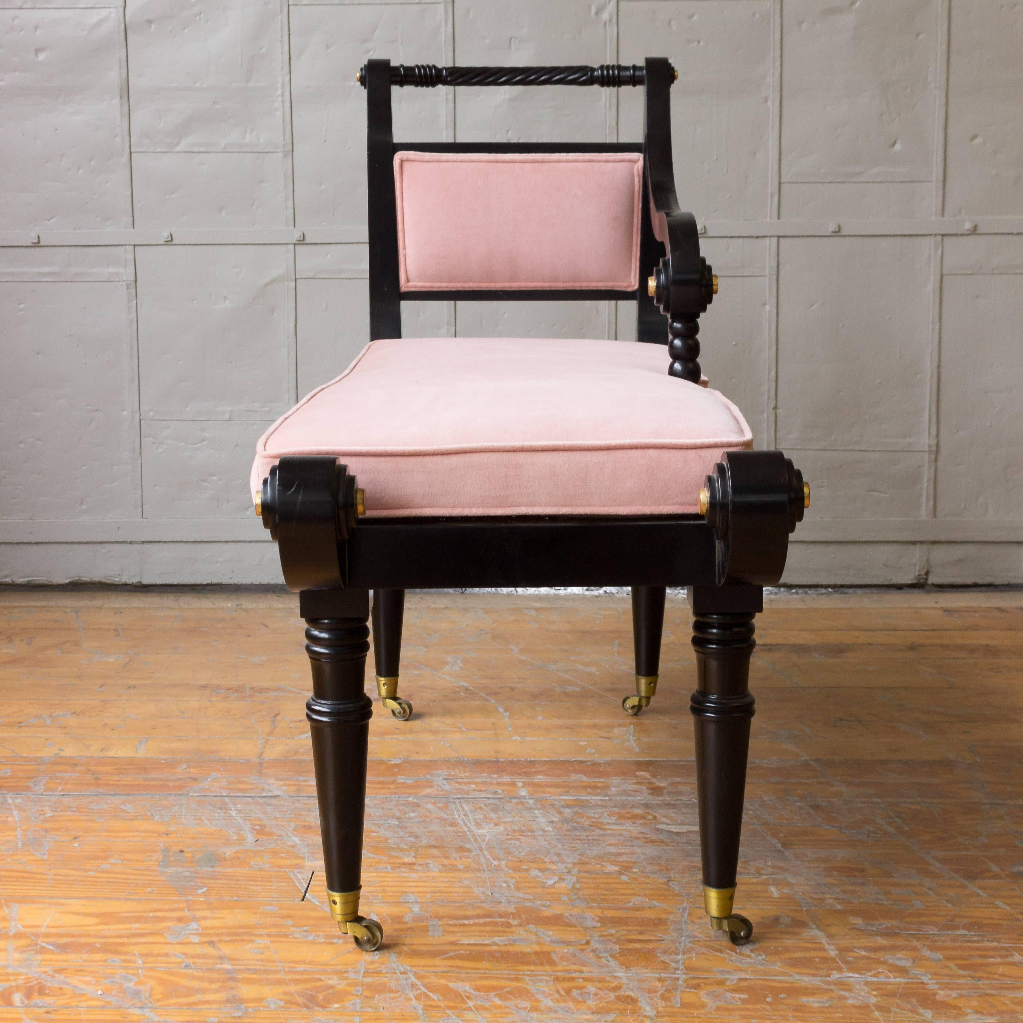 French Ebonized Bench with Pink Velvet Cushion
