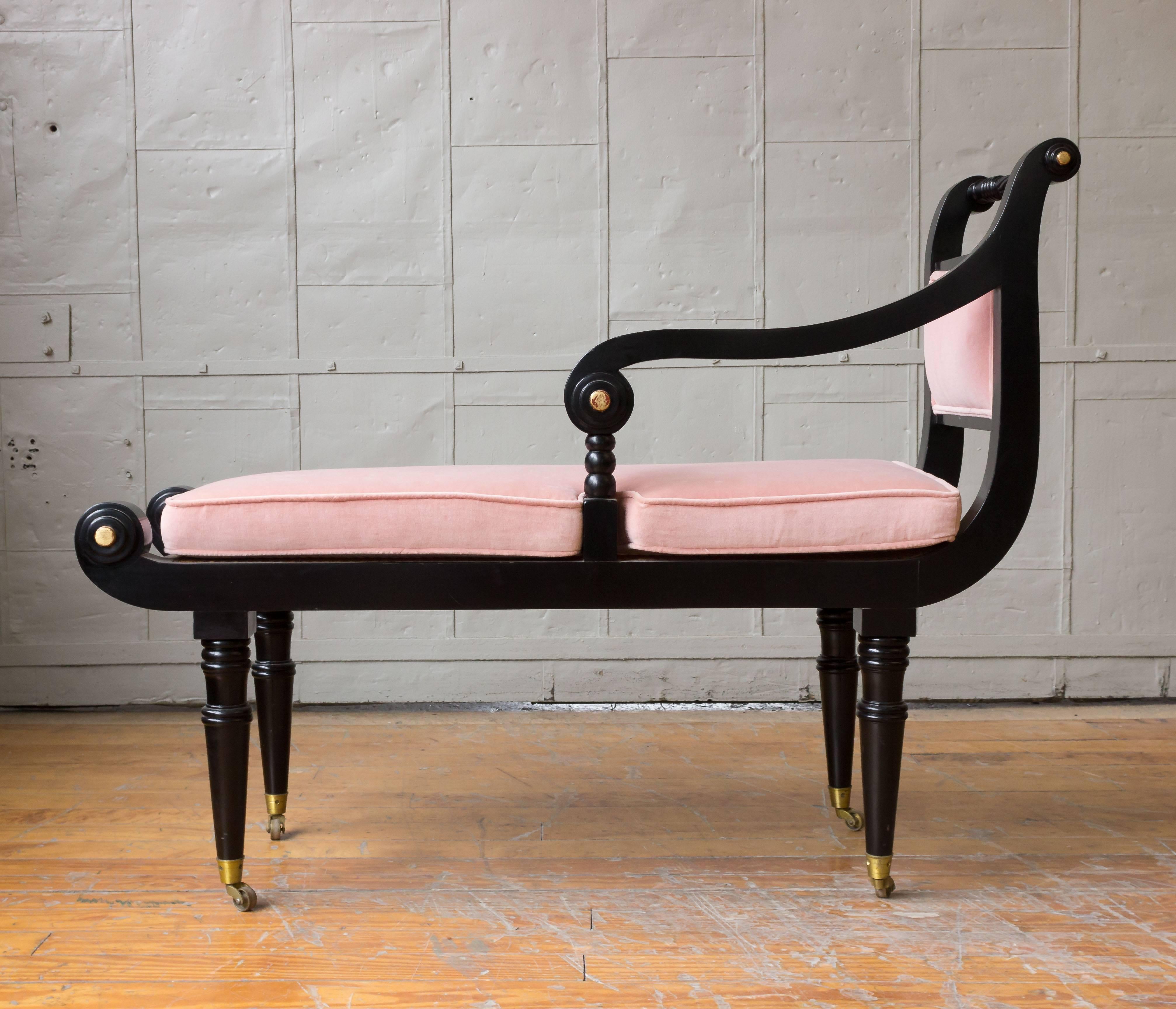Mid-20th Century Ebonized Bench with Pink Velvet Cushion