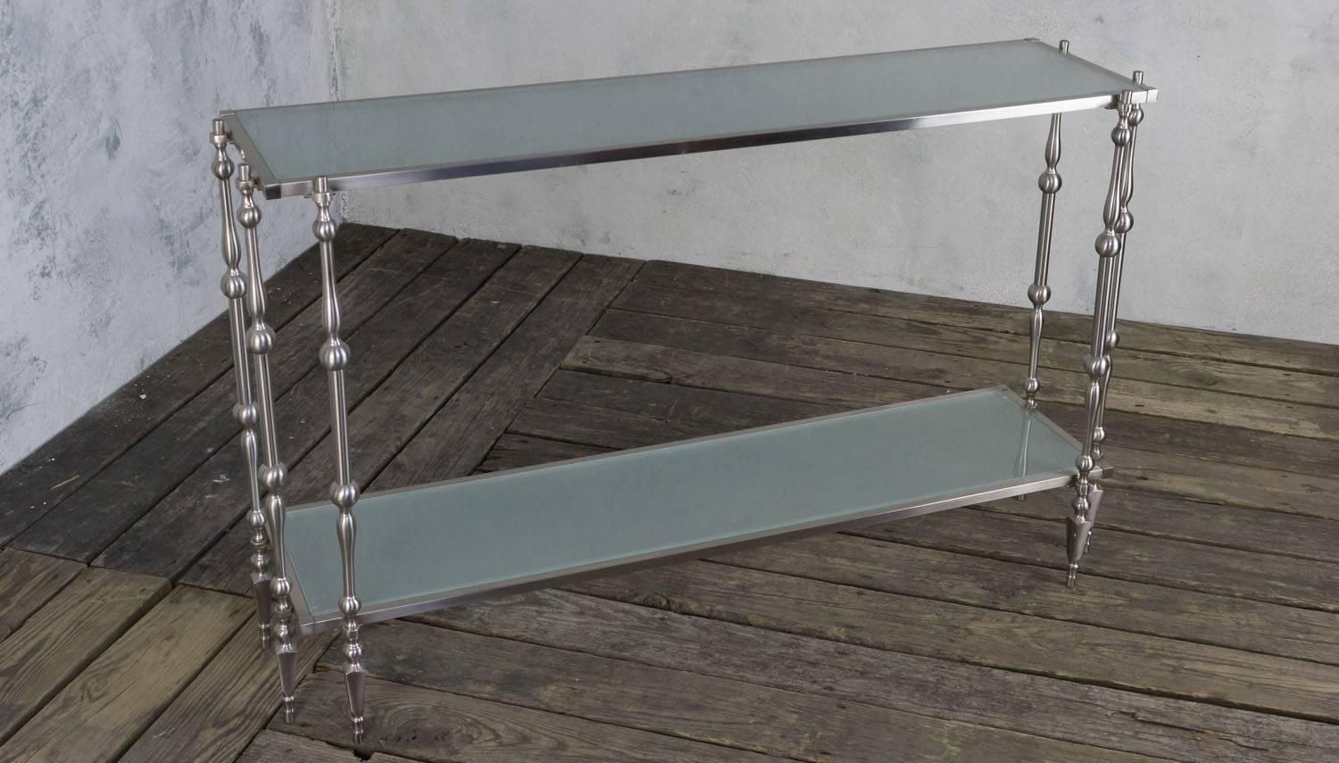 French Modern Two-Tiered Console With Sand Blasted Glass Shelves For Sale 2
