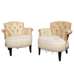 Pair of Small French Art Deco Style Tufted Armchairs