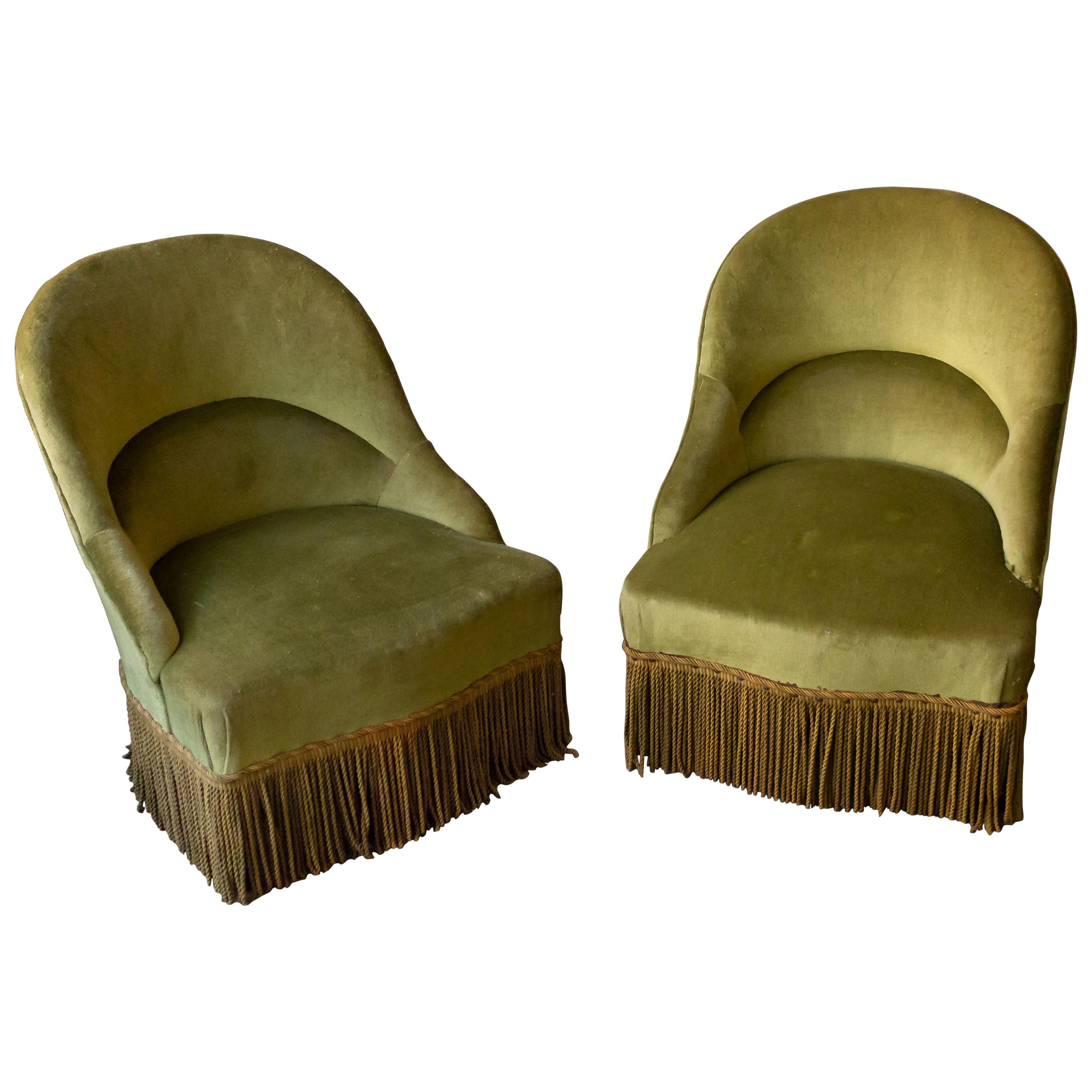 Pair of Green Velvet Slipper Chairs