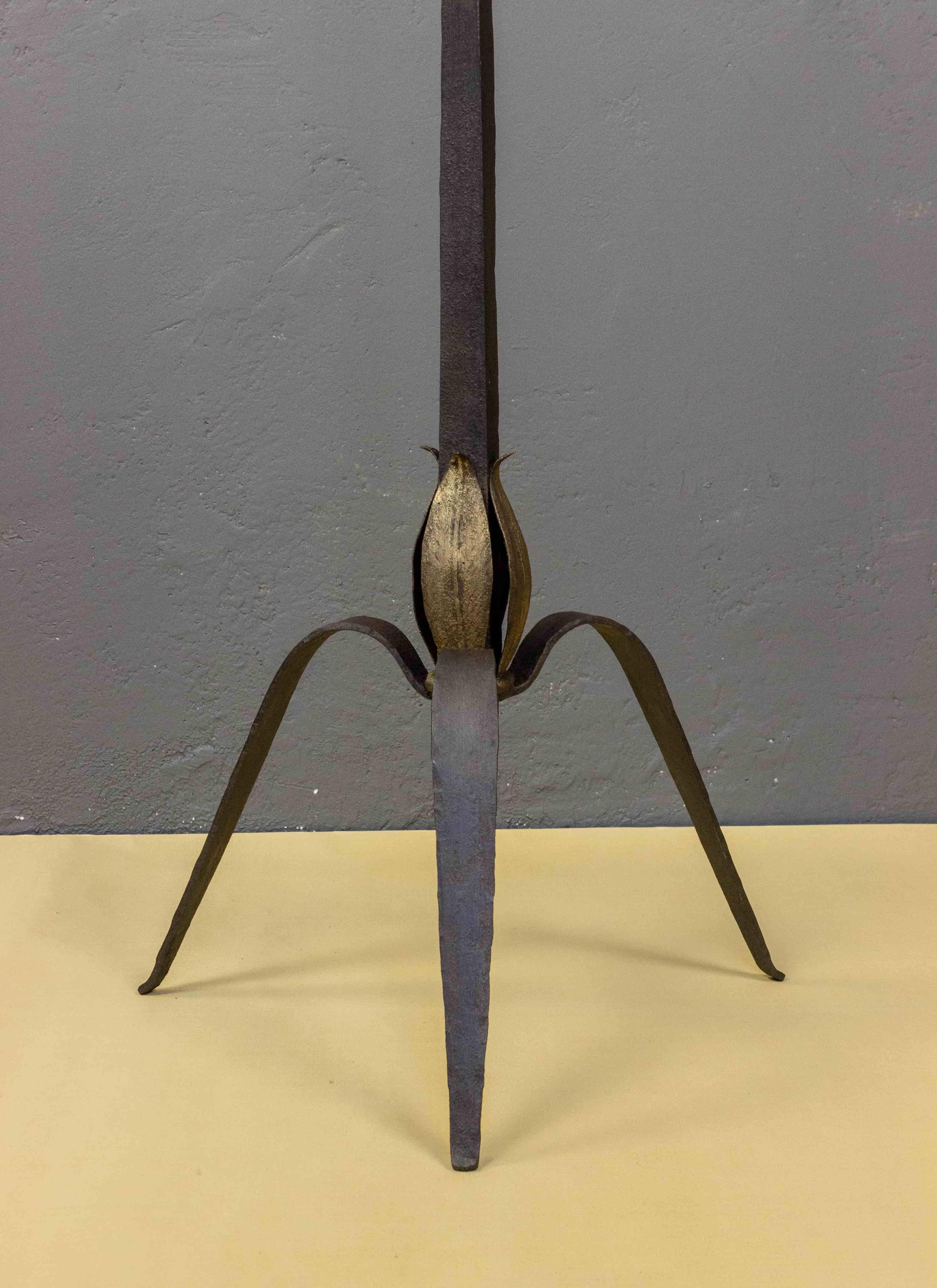 Wrought Iron French 1940s Art Deco Style Tripod Base Floor Lamp with Gilt Accents