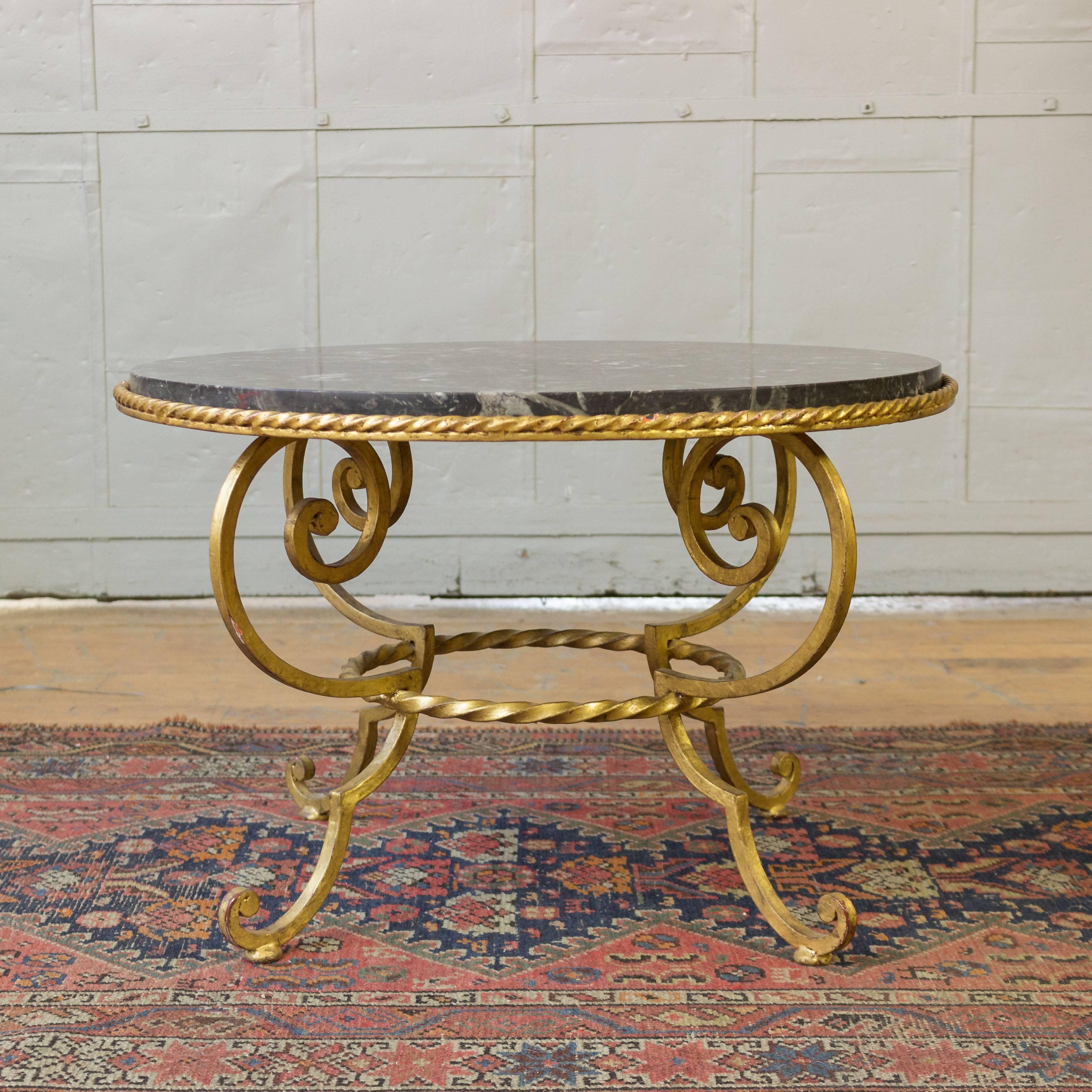 French Gilt Iron Coffee Table with Grey Marble For Sale