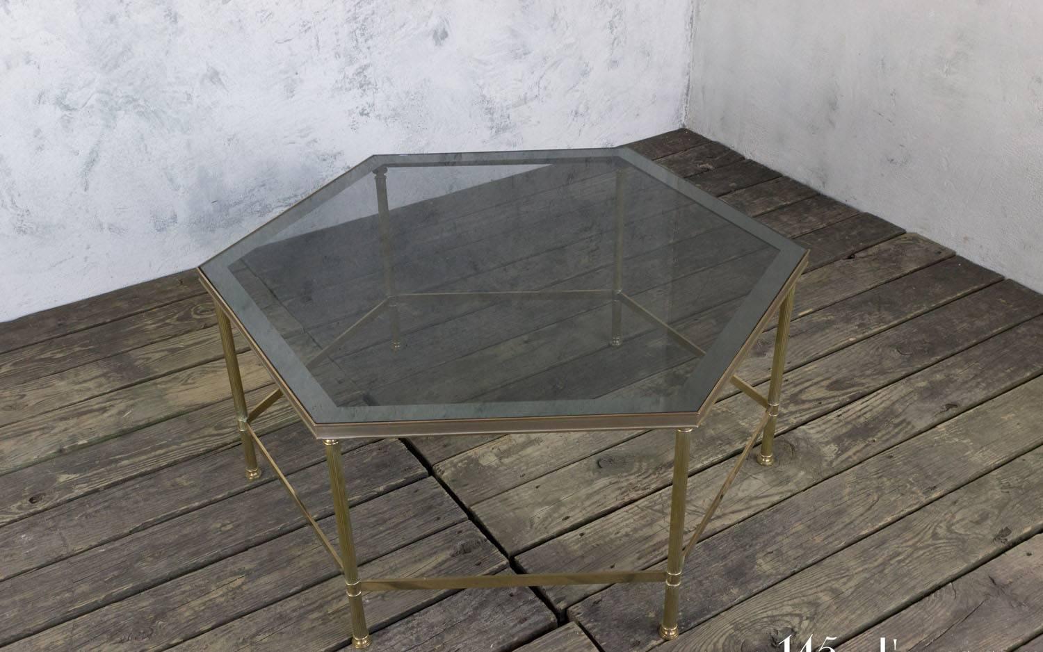 Mid-Century Modern French 1970s Hexagonal Brass Coffee Table with Grey Glass For Sale