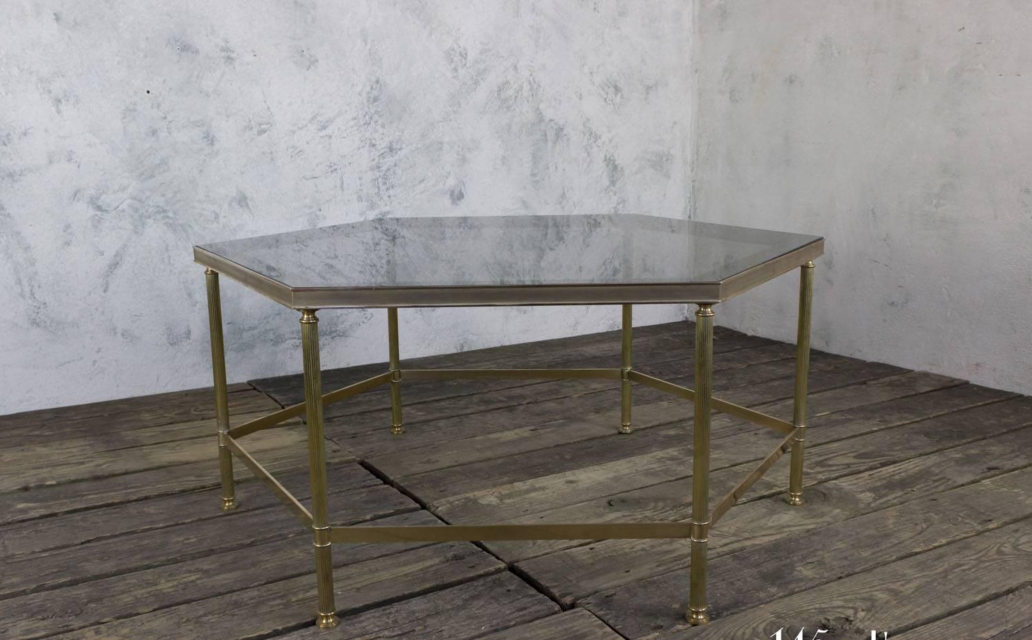 French 1970s Hexagonal Brass Coffee Table with Grey Glass For Sale 2