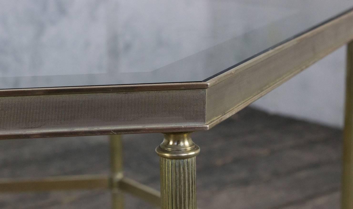 French 1970s Hexagonal Brass Coffee Table with Grey Glass For Sale 3