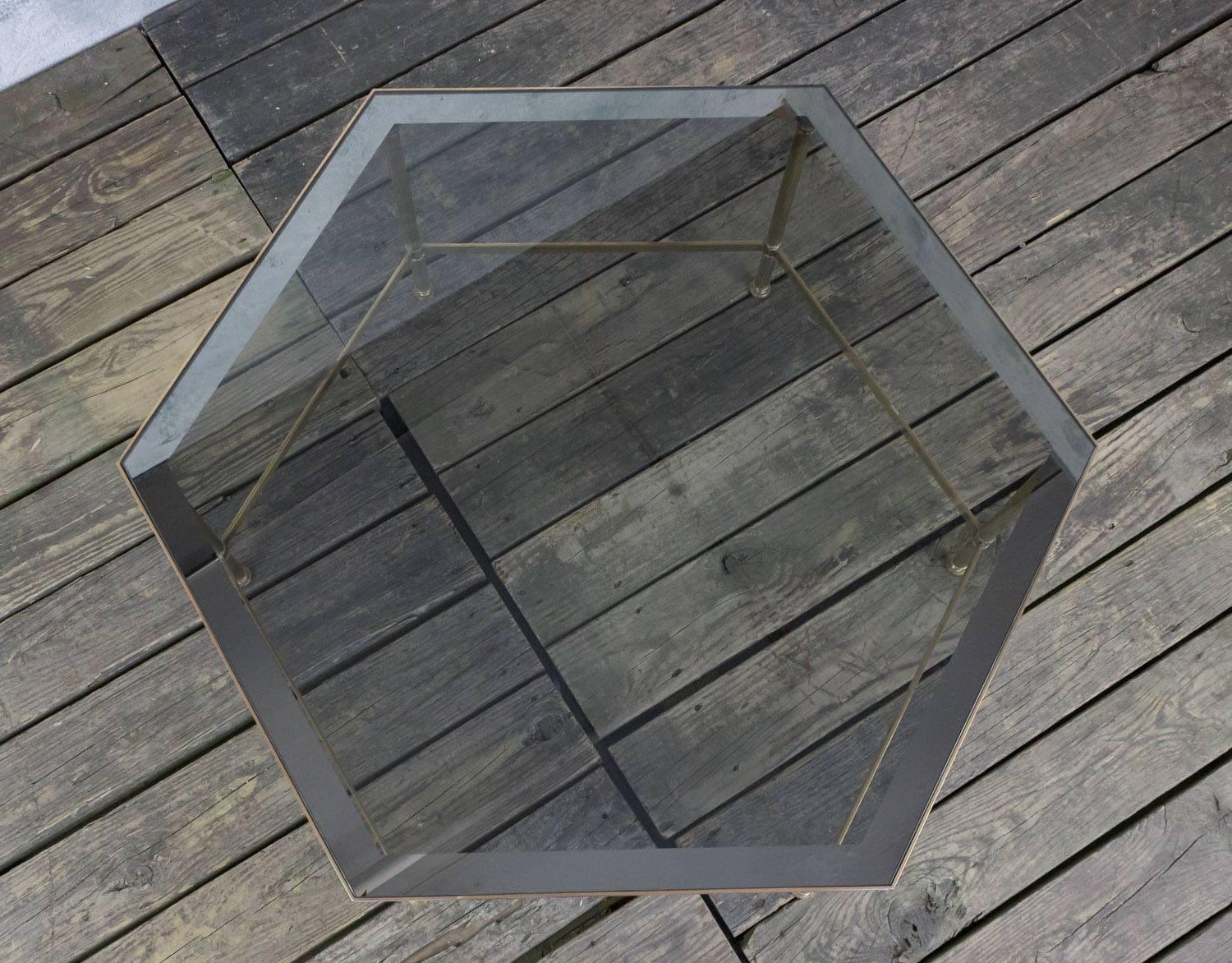 French 1970s Hexagonal Brass Coffee Table with Grey Glass For Sale 1