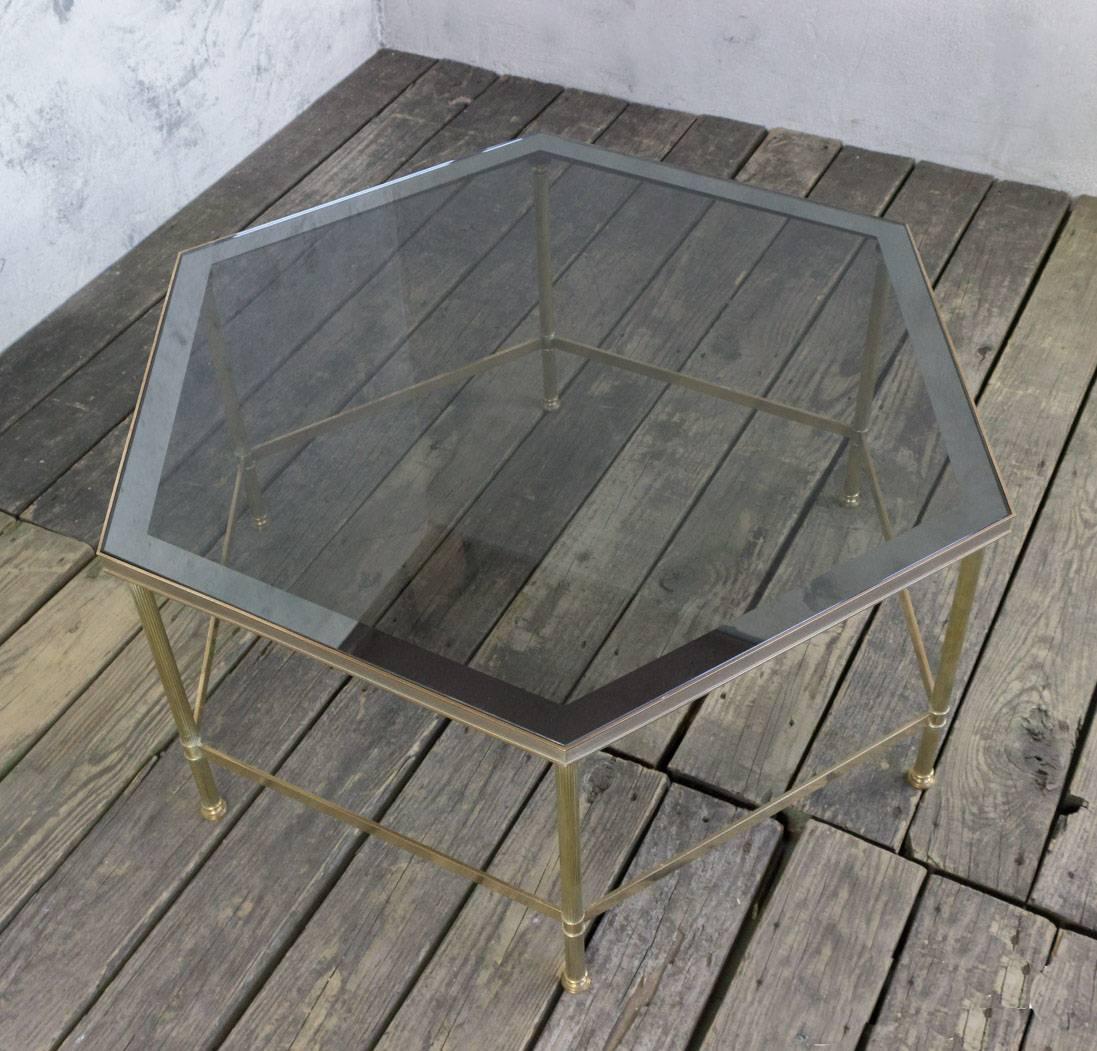 French 1970s Hexagonal Brass Coffee Table with Grey Glass For Sale 4