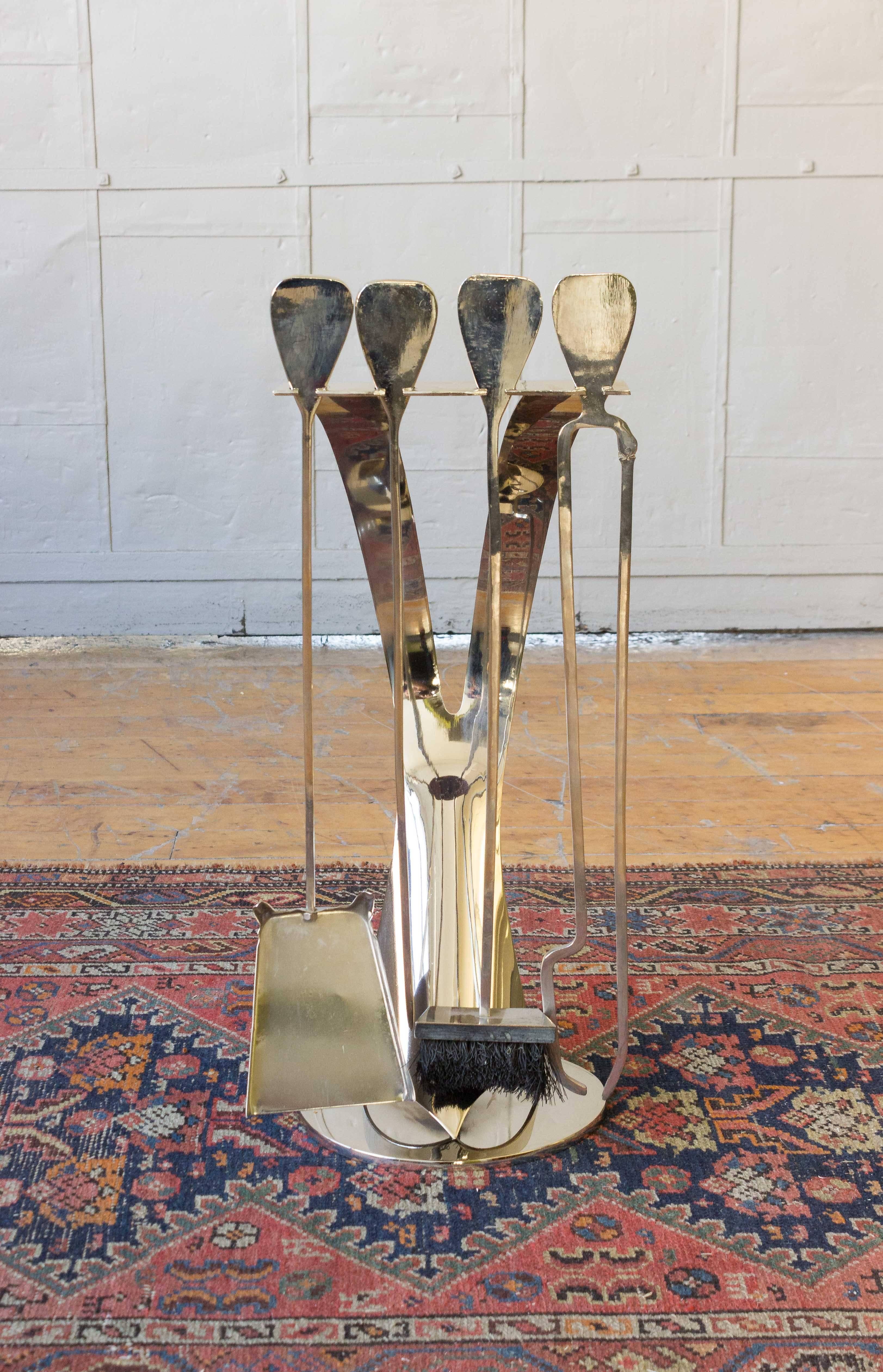 Five-piece set of Mid-Century Modern nickel-plated fireplace tools, French, 1960s.