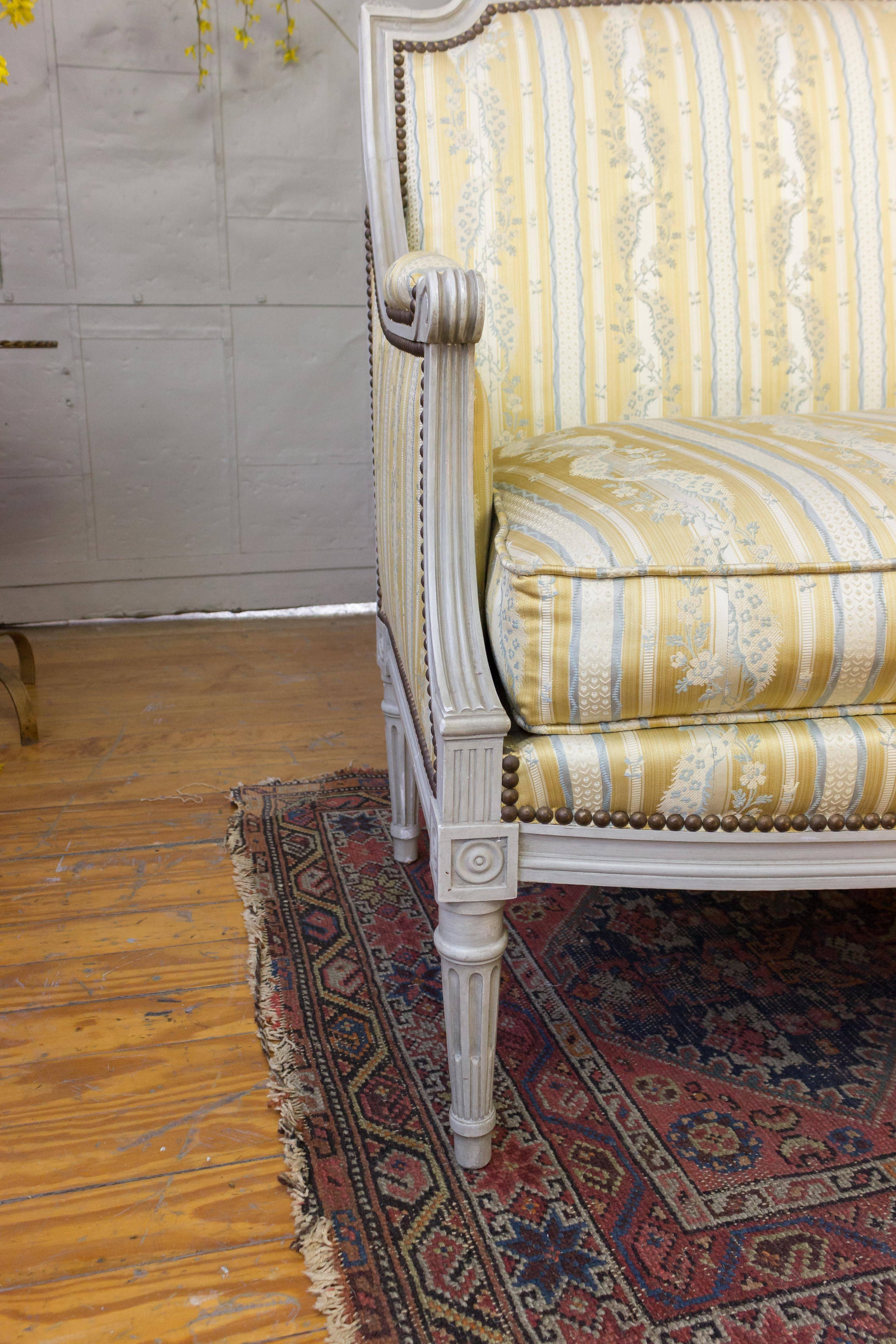 Early 20th Century French Louis XVI Style Sofa with Painted Carved Frame