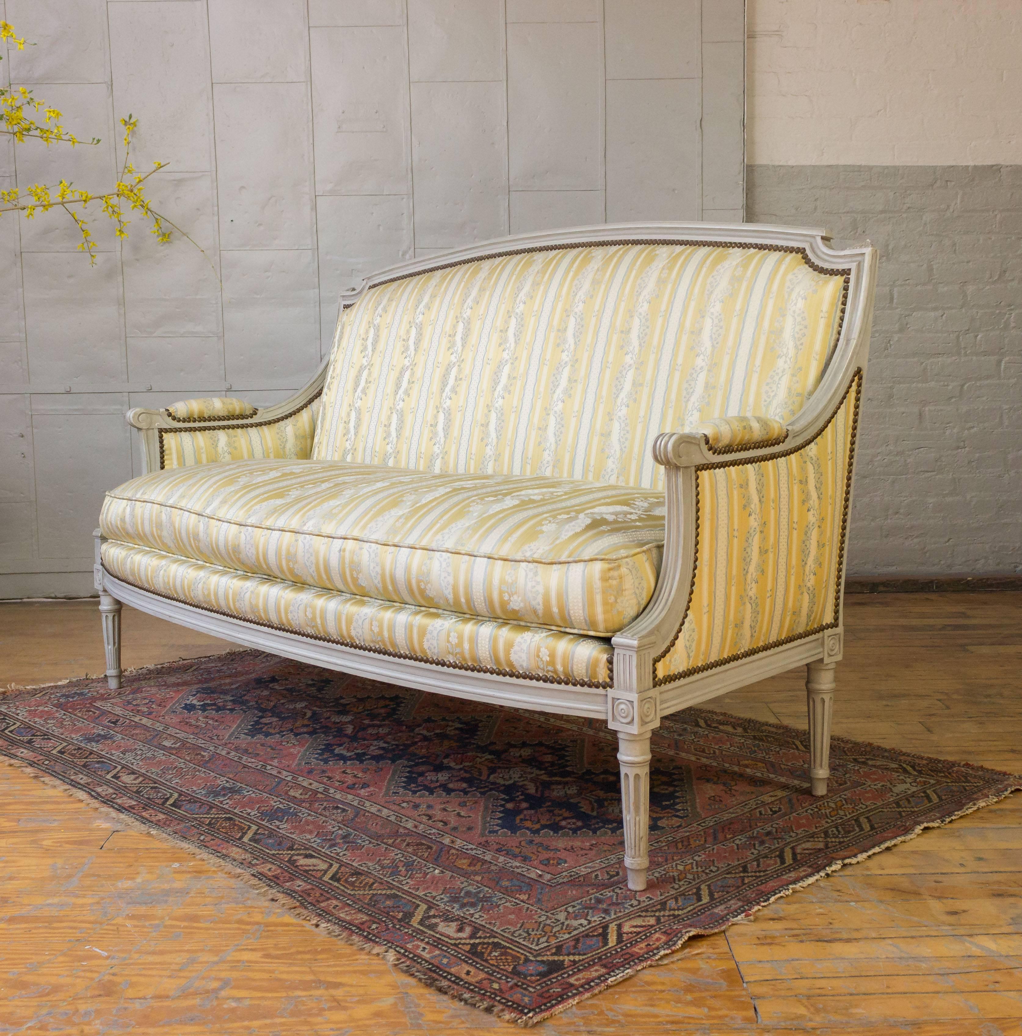 Wood French Louis XVI Style Sofa with Painted Carved Frame