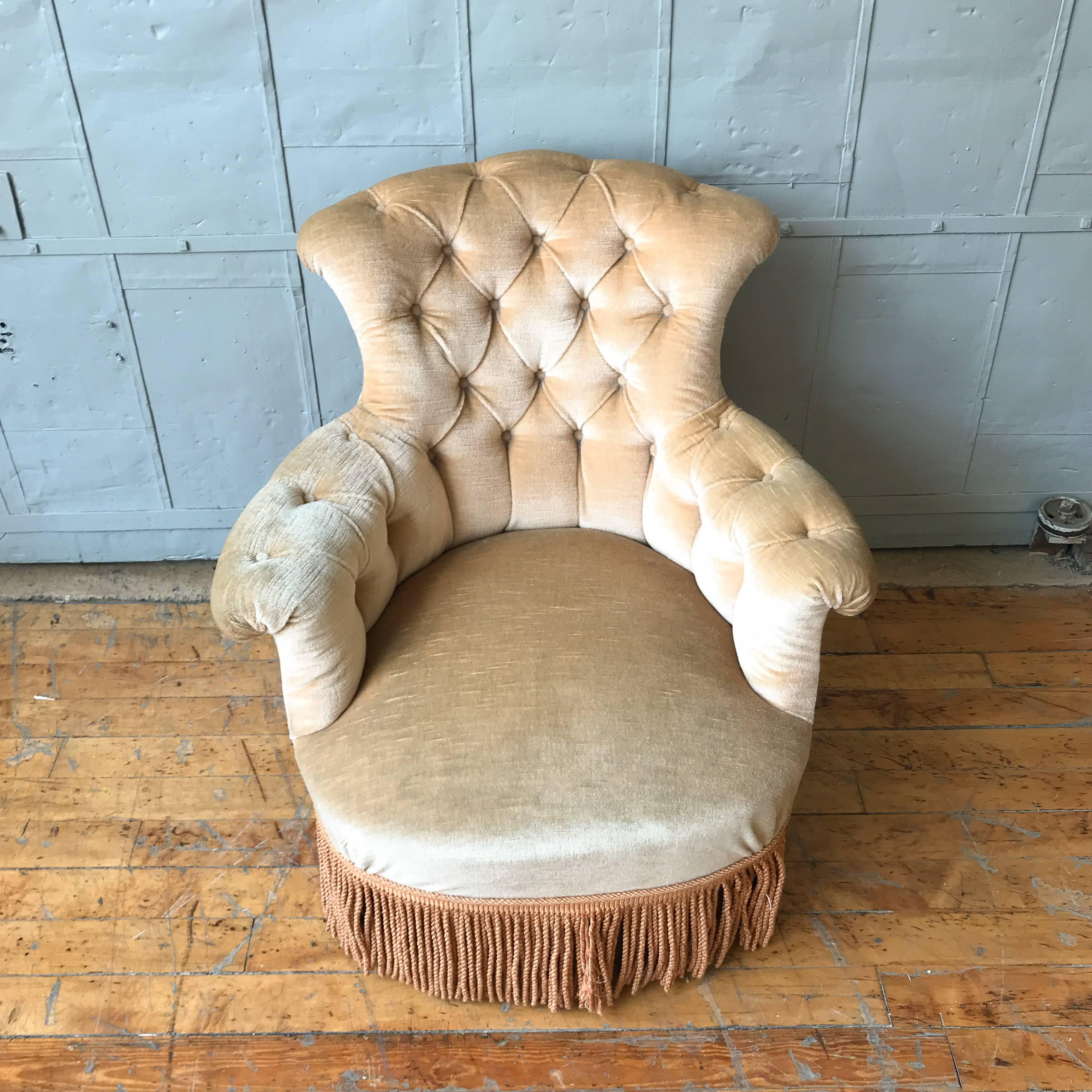 Napoleon III Pair of Tufted French Armchairs with Fringe