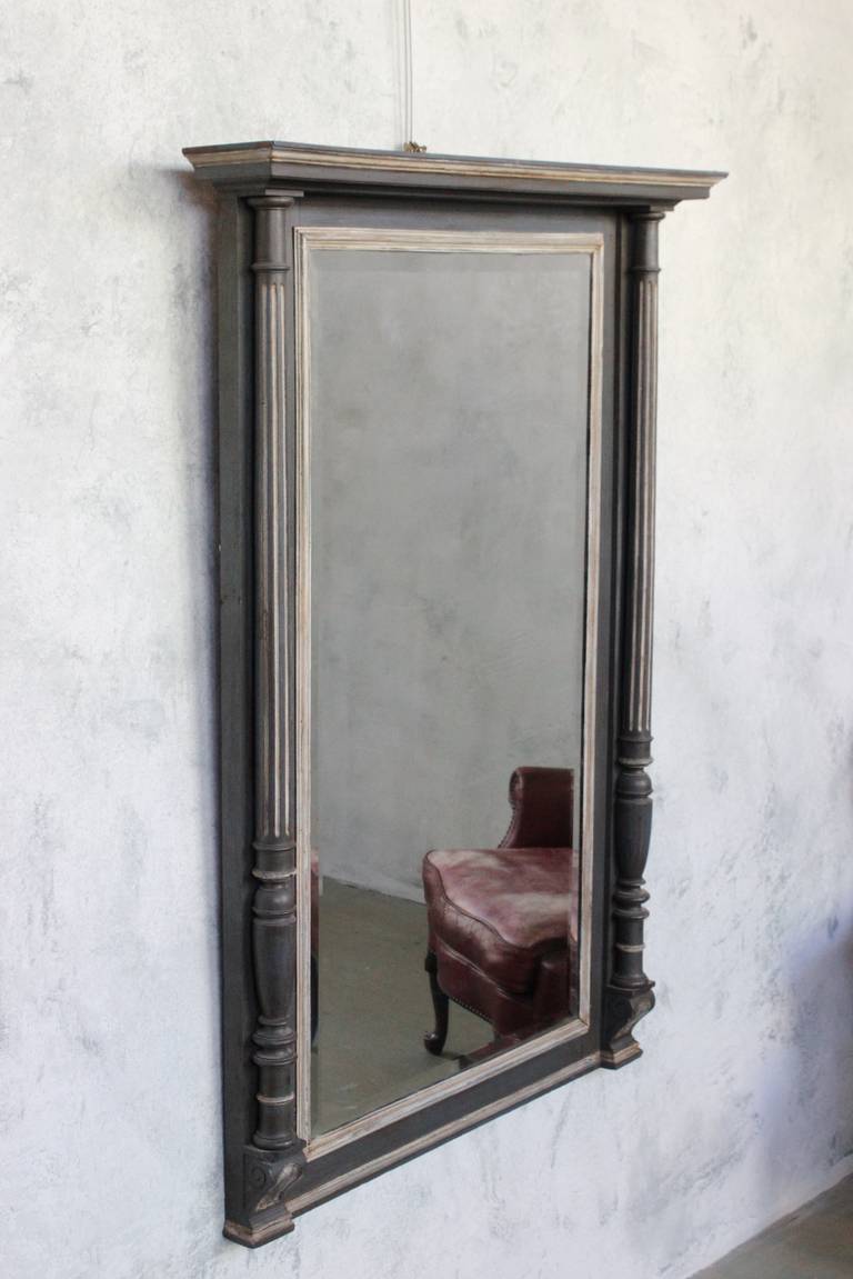 French 19th century carved wooden mantel mirror with columns and cornice painted in grey and white with beveled mirror. Very good vintage condition.

Ref #: DM0504-09

Dimensions: 55