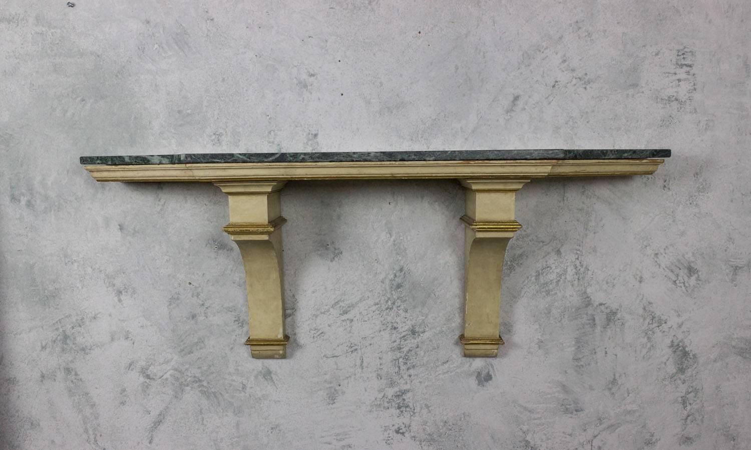 French Painted and Gilt Wall-Mounted Console with Green Marble In Fair Condition In Buchanan, NY