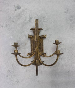 Pair of Spanish Mid-Century Gilt Metal Five-Arm Candle Sconces, 1950s