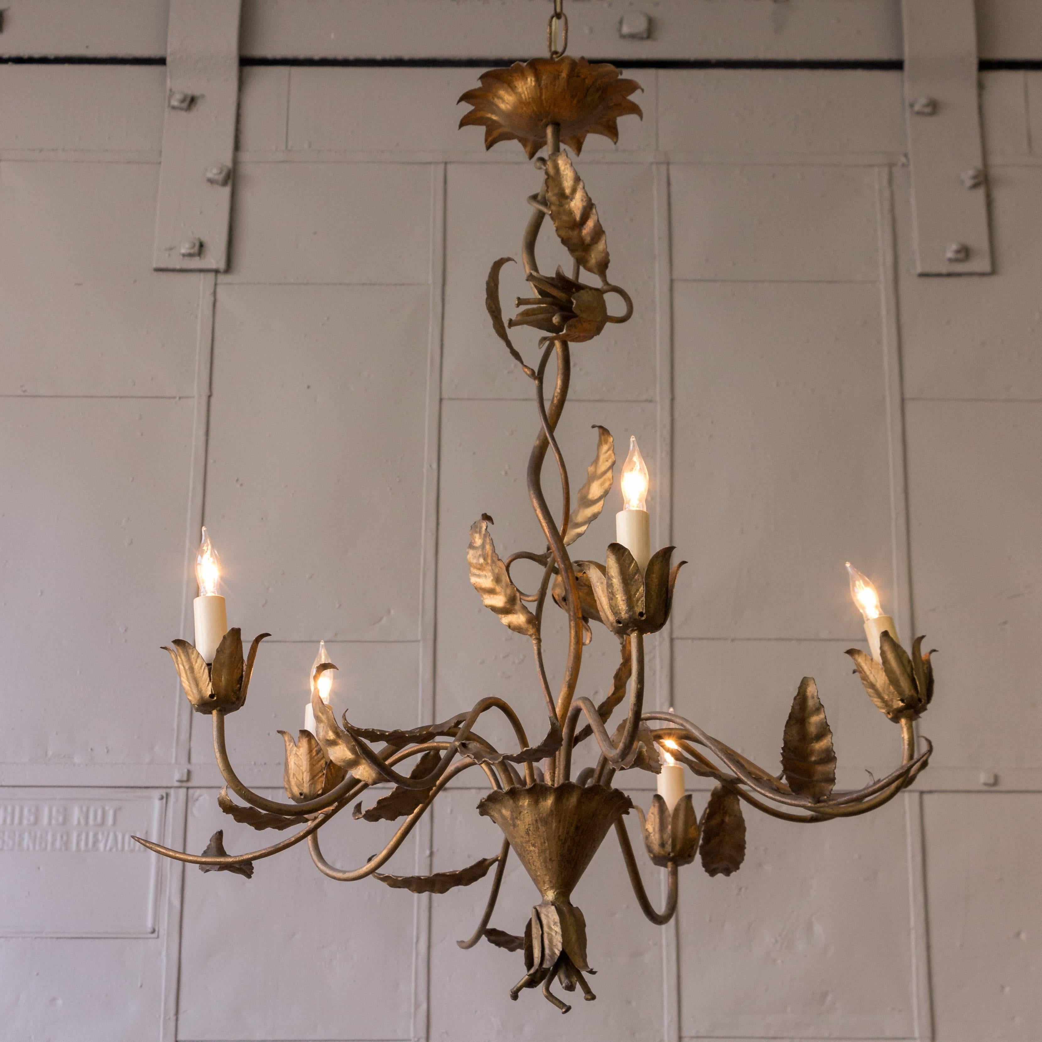 Whimsical floral motif chandelier with vine, leaf and flower designs. Chandelier has five arms.