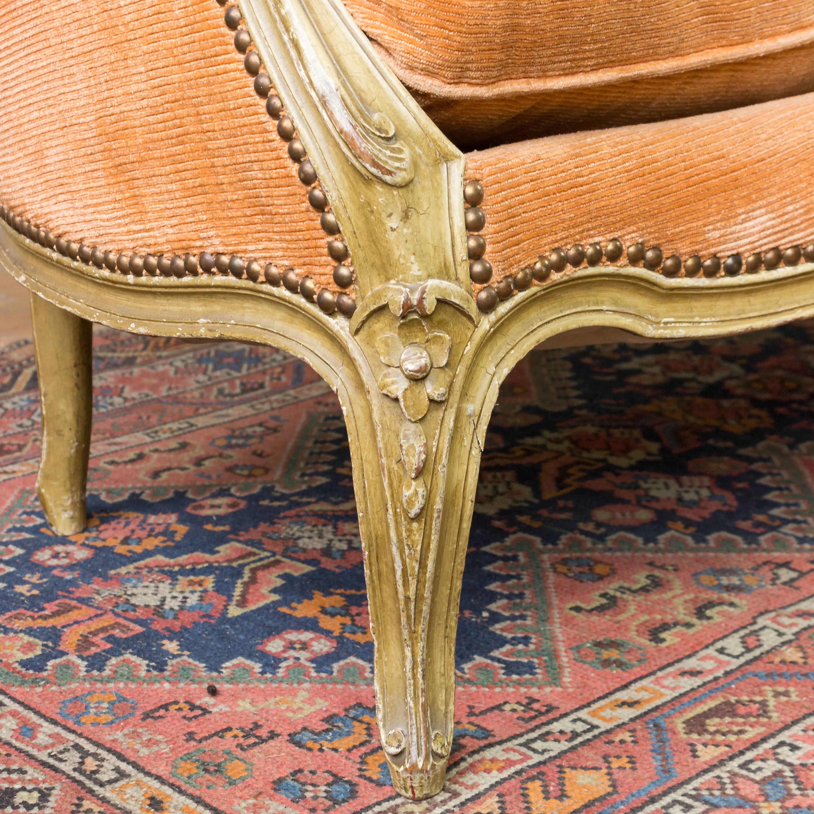 Small French Louis XV Style Settee in Pale Apricot Velvet 4