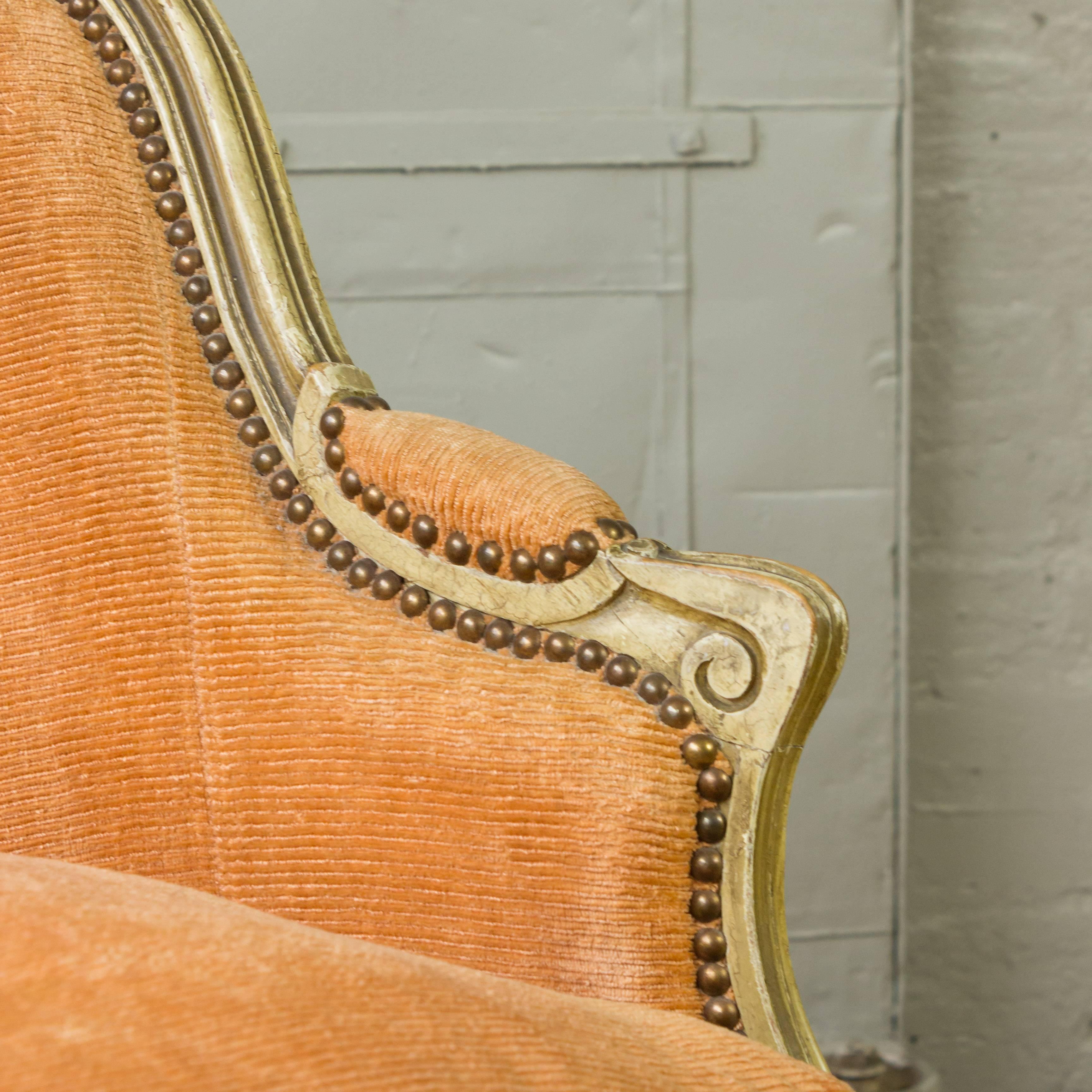Small French Louis XV Style Settee in Pale Apricot Velvet 3