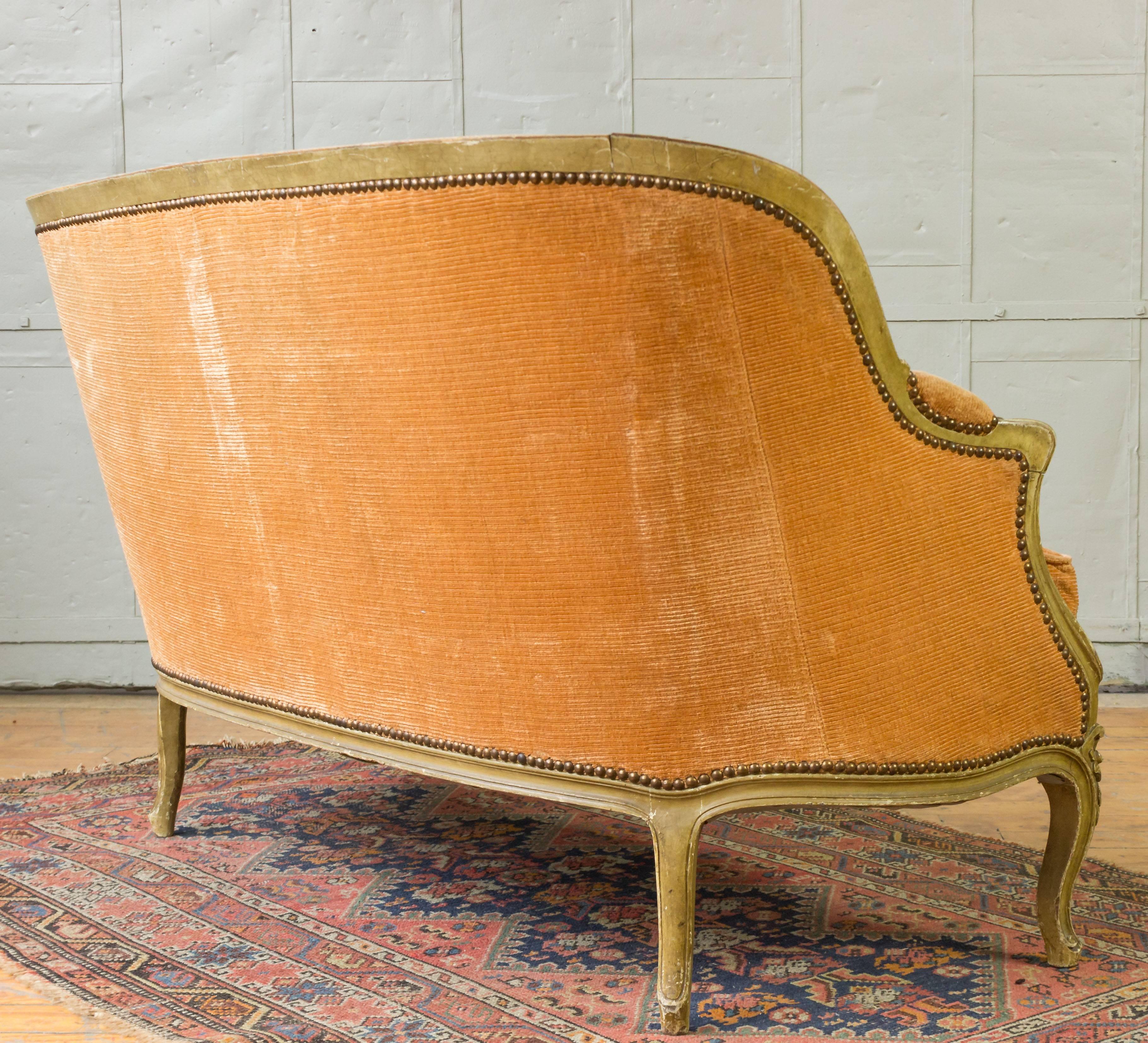 Small French Louis XV Style Settee in Pale Apricot Velvet 1
