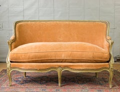 Small French Louis XV Style Settee in Pale Apricot Velvet