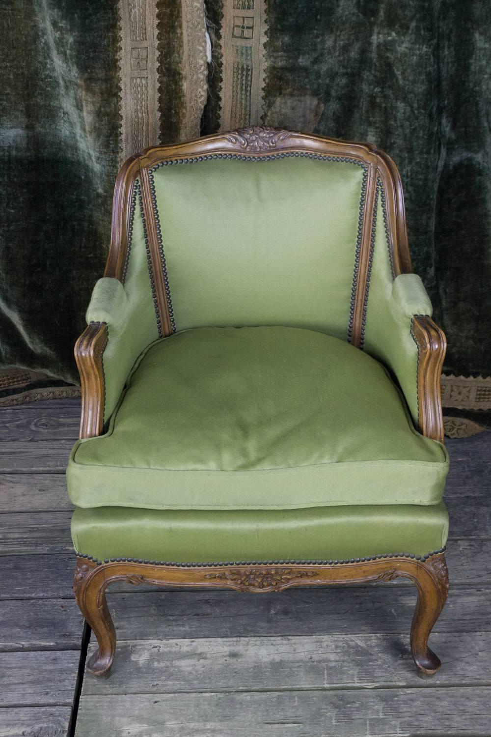 French Pair of Louis XV Style Green Armchairs with Exposed Wood Frame