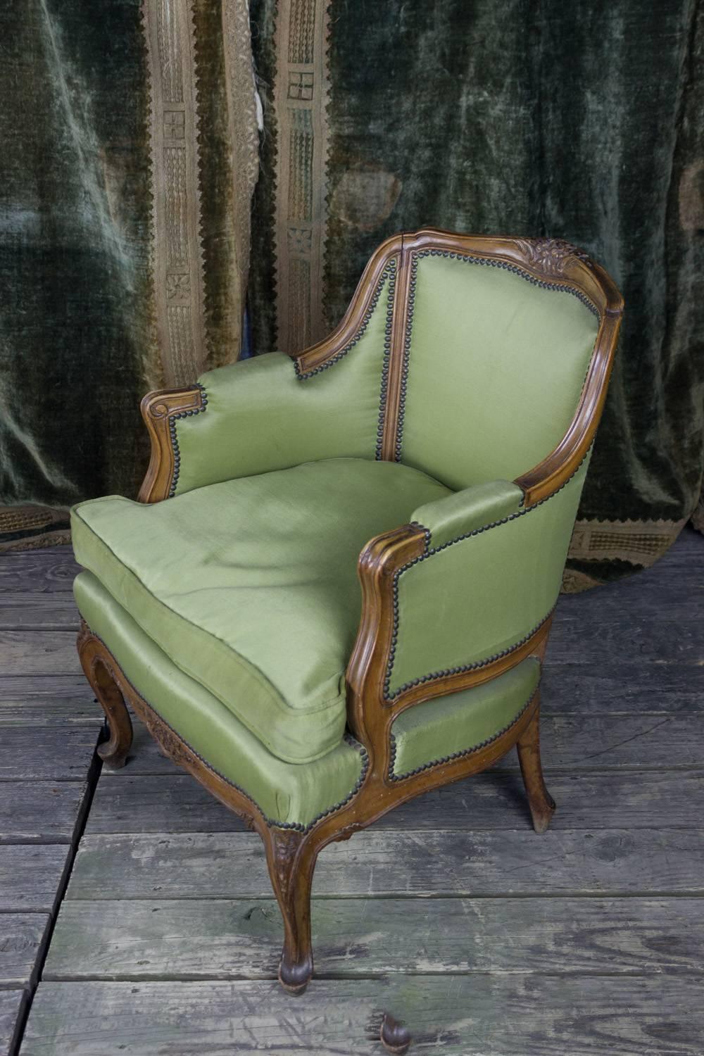 Mid-20th Century Pair of Louis XV Style Green Armchairs with Exposed Wood Frame