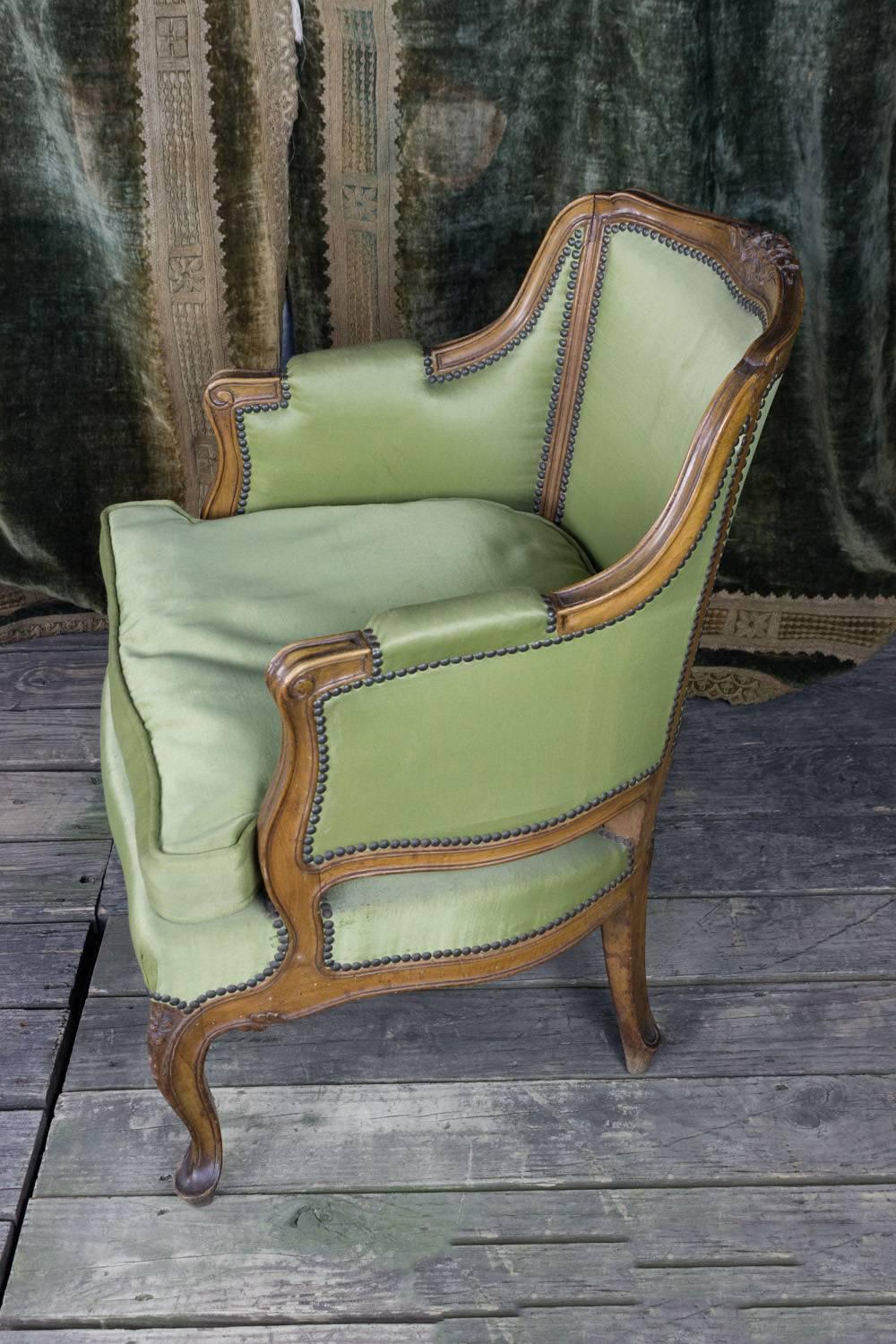 Pair of Louis XV Style Green Armchairs with Exposed Wood Frame 1