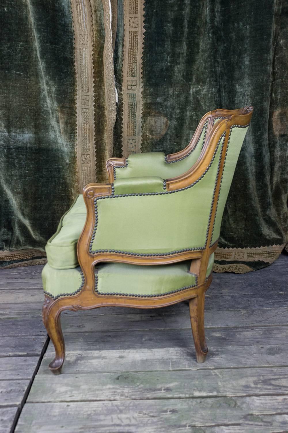 Pair of Louis XV Style Green Armchairs with Exposed Wood Frame 2