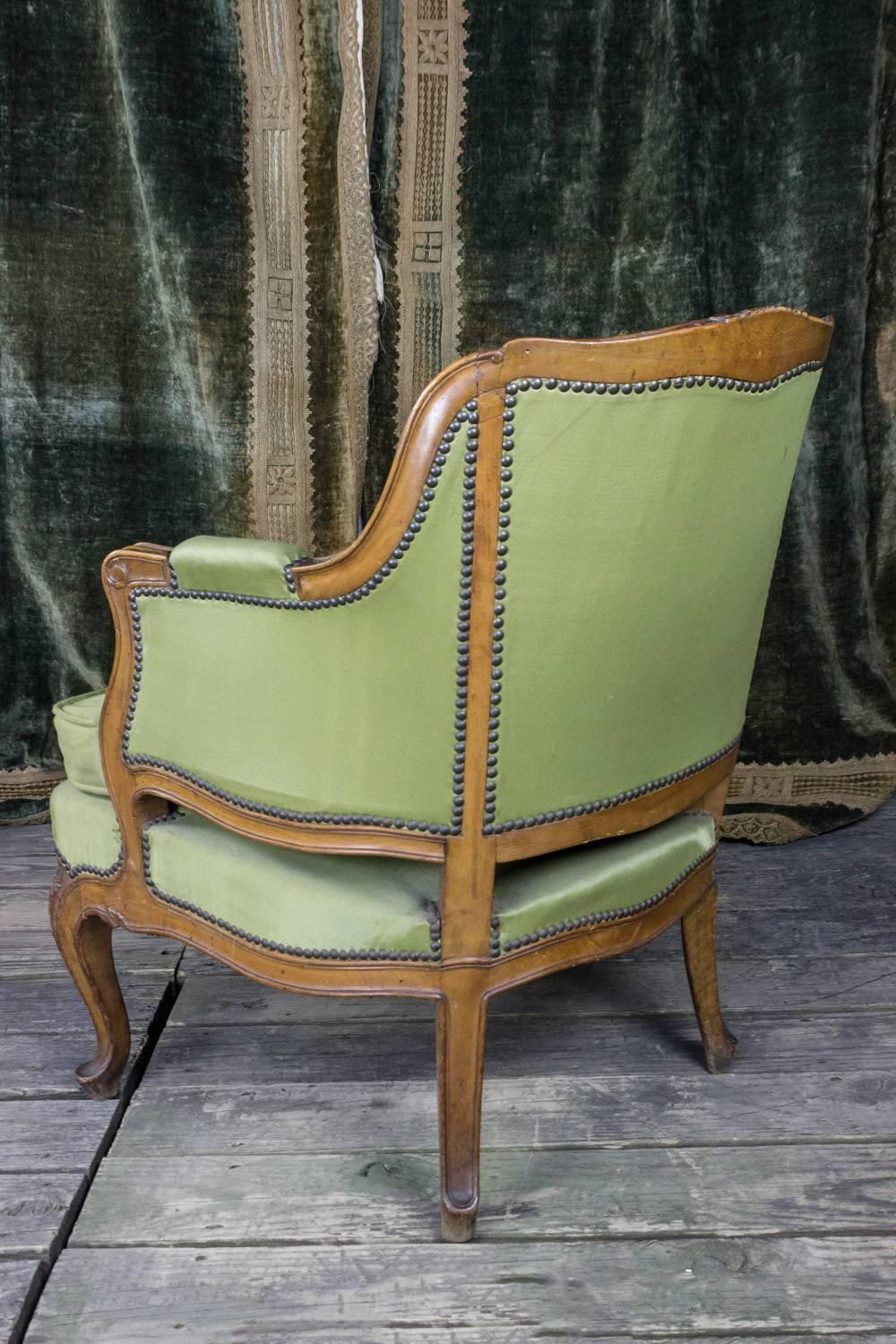 Pair of Louis XV Style Green Armchairs with Exposed Wood Frame 3