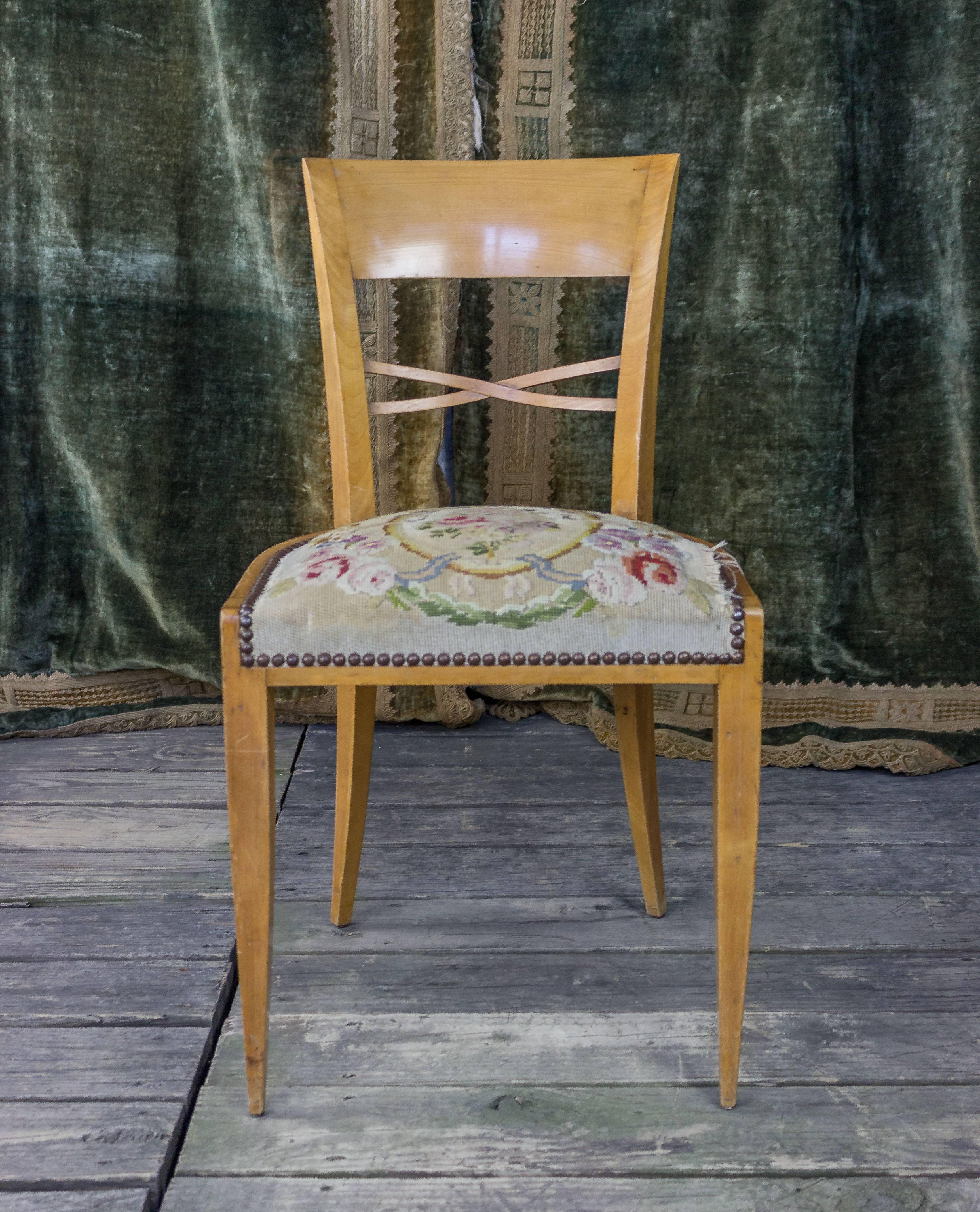 Mid-20th Century Pair of French Side Chairs with Embroidered Seats For Sale