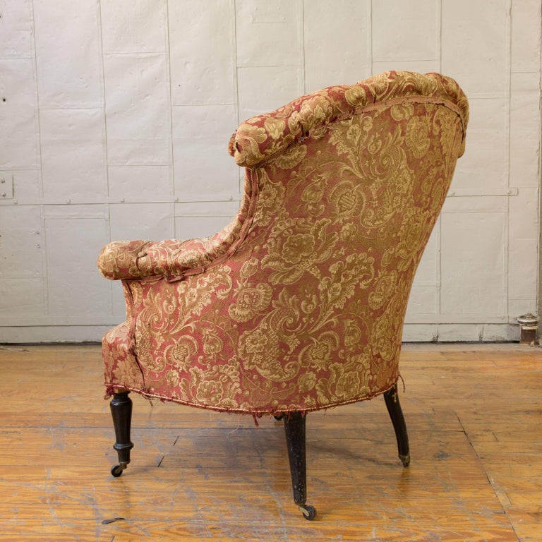 Pair of Tufted and Scrolled Back Chairs in Printed Velvet For Sale at