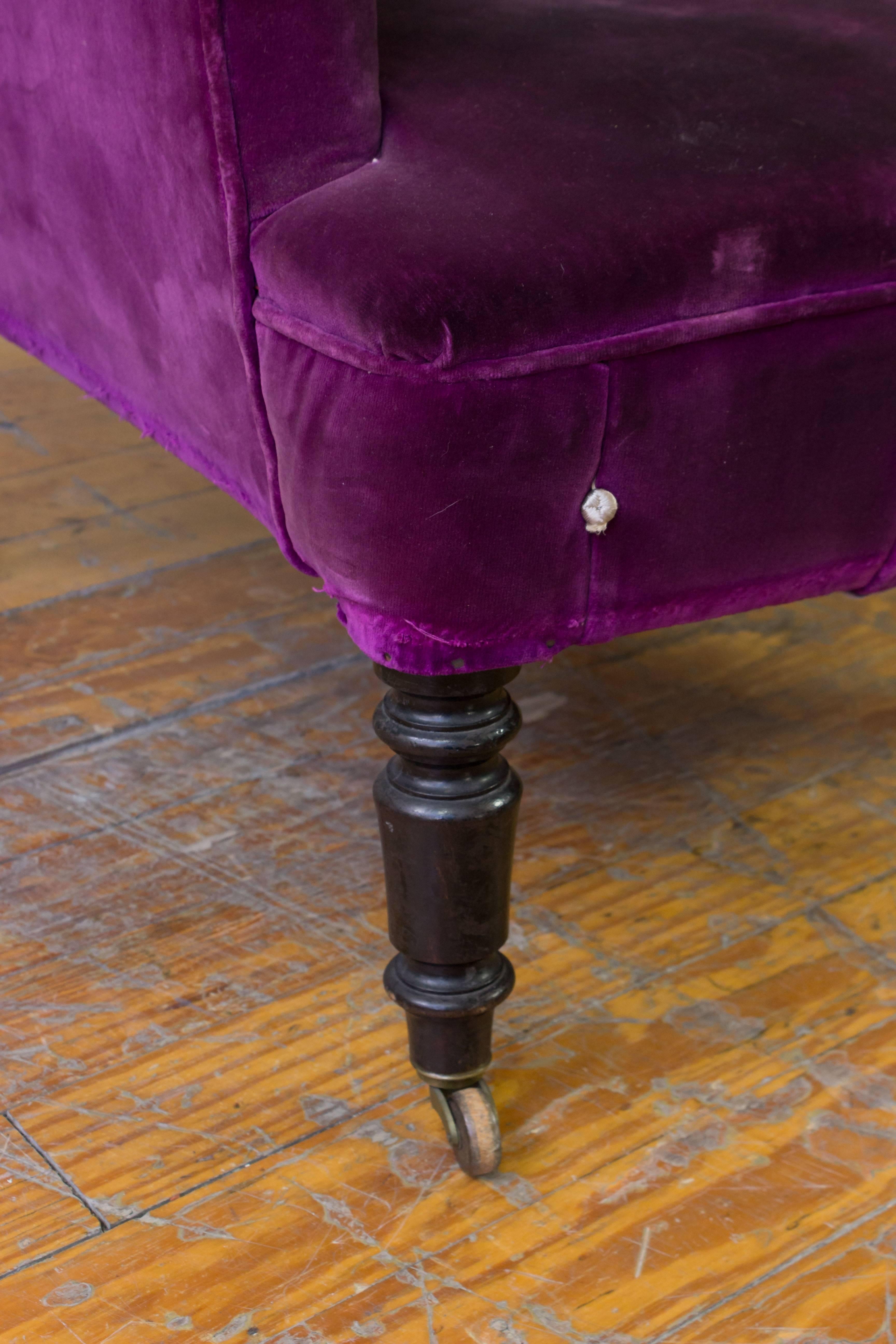 French 19th Century Armchair in Distressed Purple Velvet with White Braided Trim 1