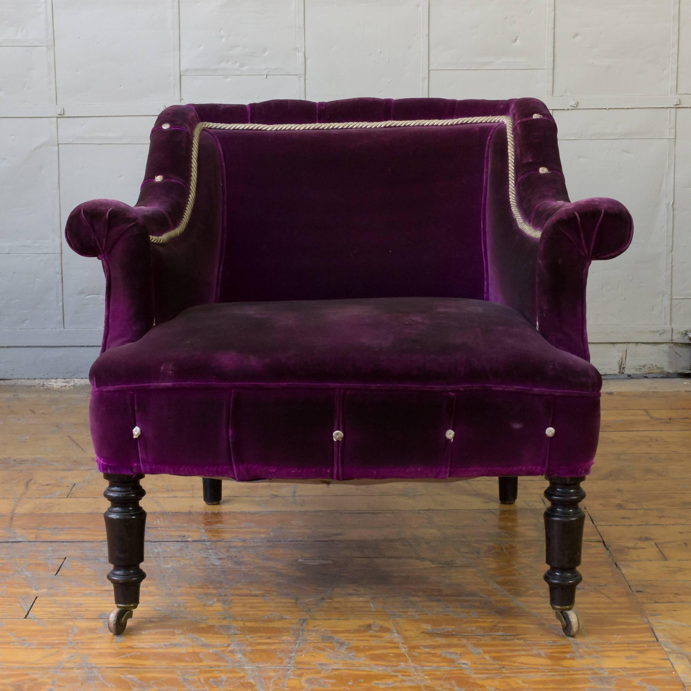 French 19th Century Armchair in Distressed Purple Velvet with White Braided Trim In Good Condition In Buchanan, NY