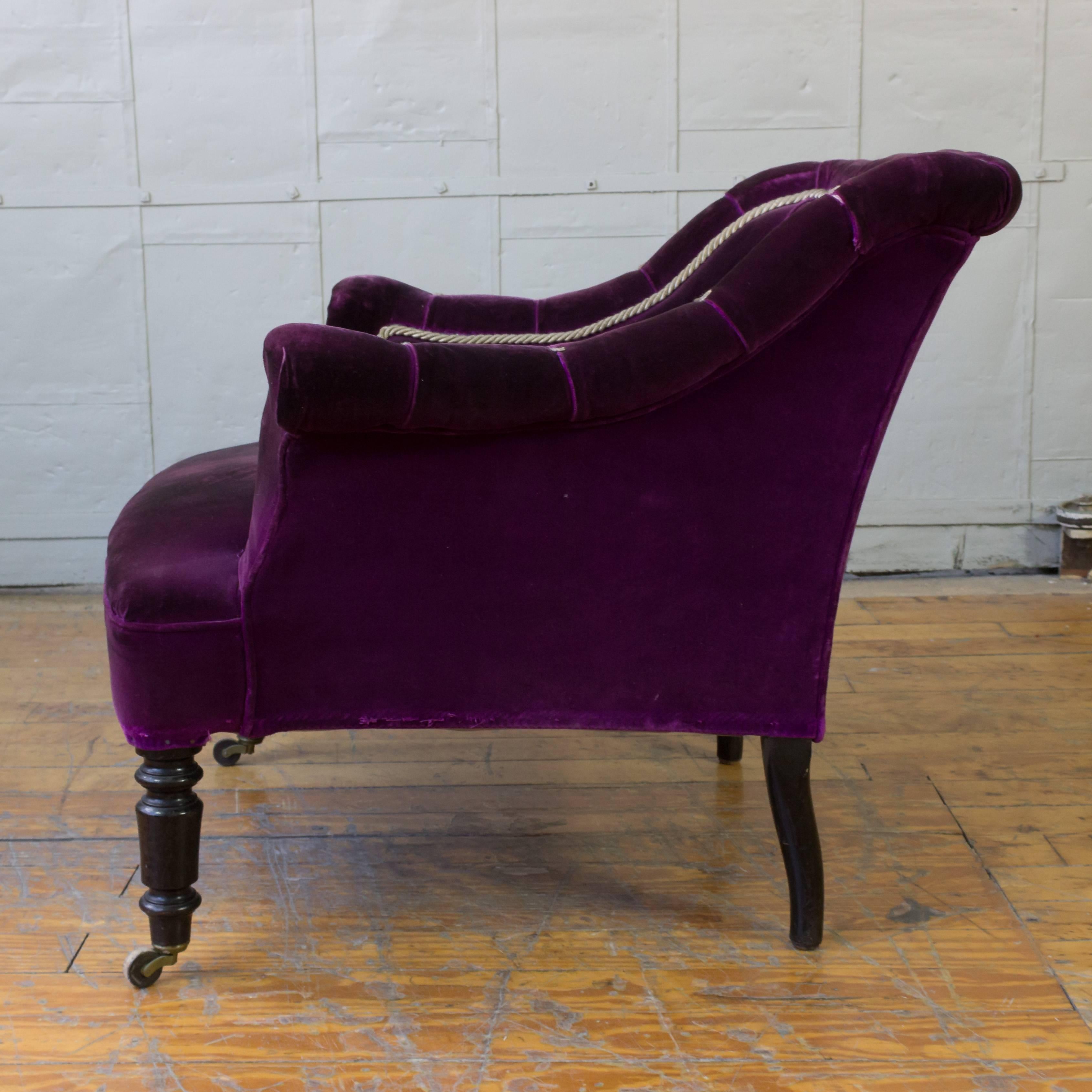 Napoleon III French 19th Century Armchair in Distressed Purple Velvet with White Braided Trim