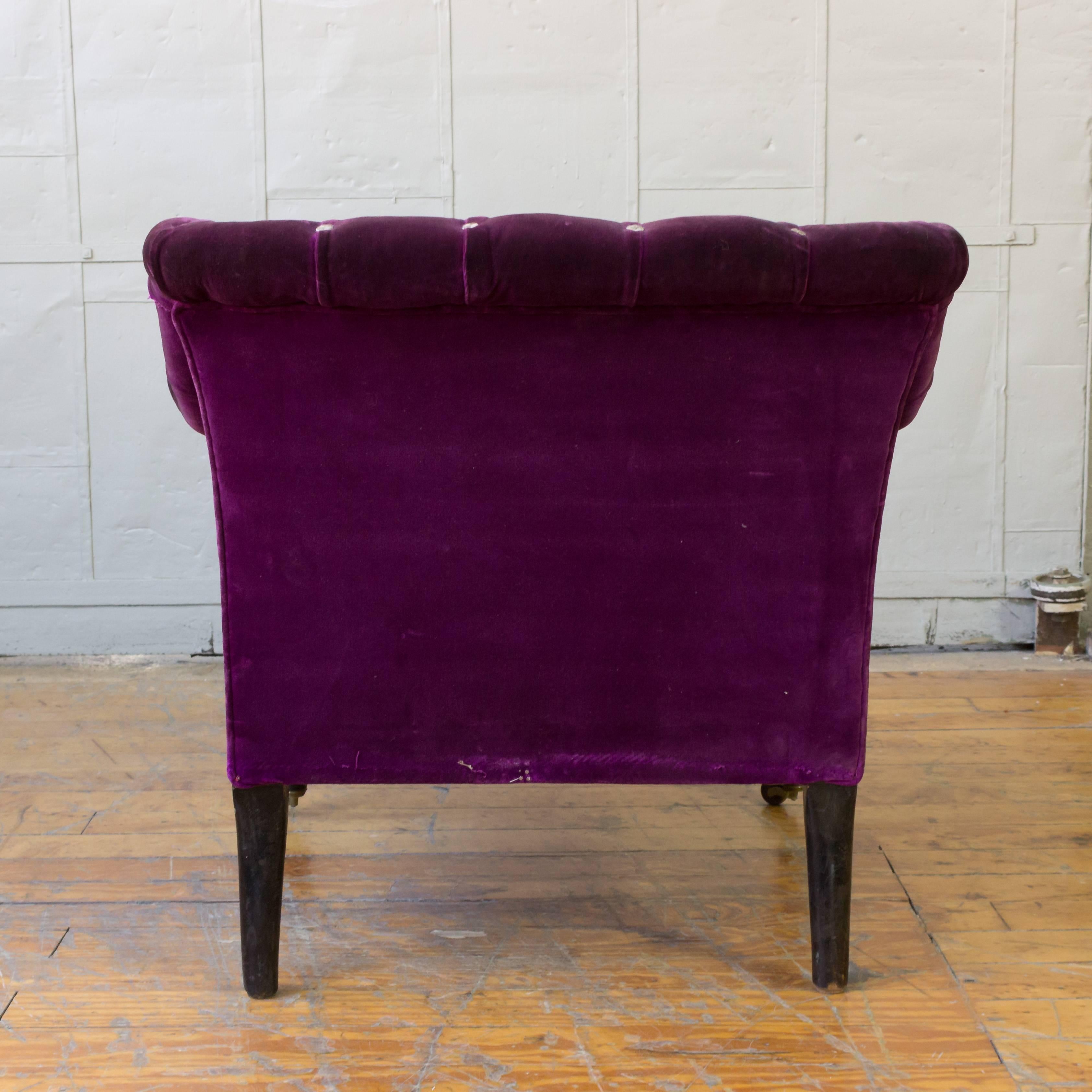 French 19th Century Armchair in Distressed Purple Velvet with White Braided Trim 2