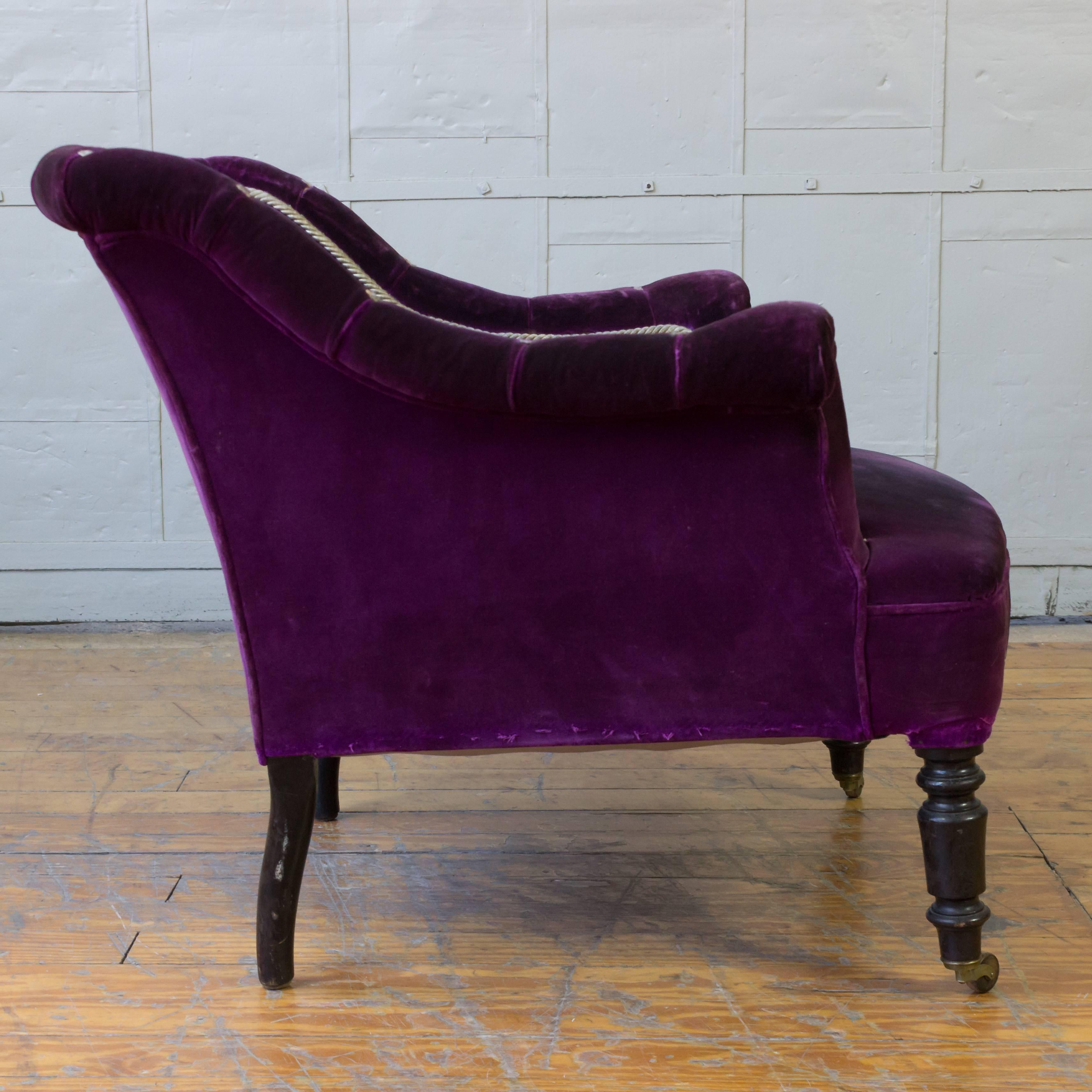 French 19th Century Armchair in Distressed Purple Velvet with White Braided Trim In Good Condition In Buchanan, NY