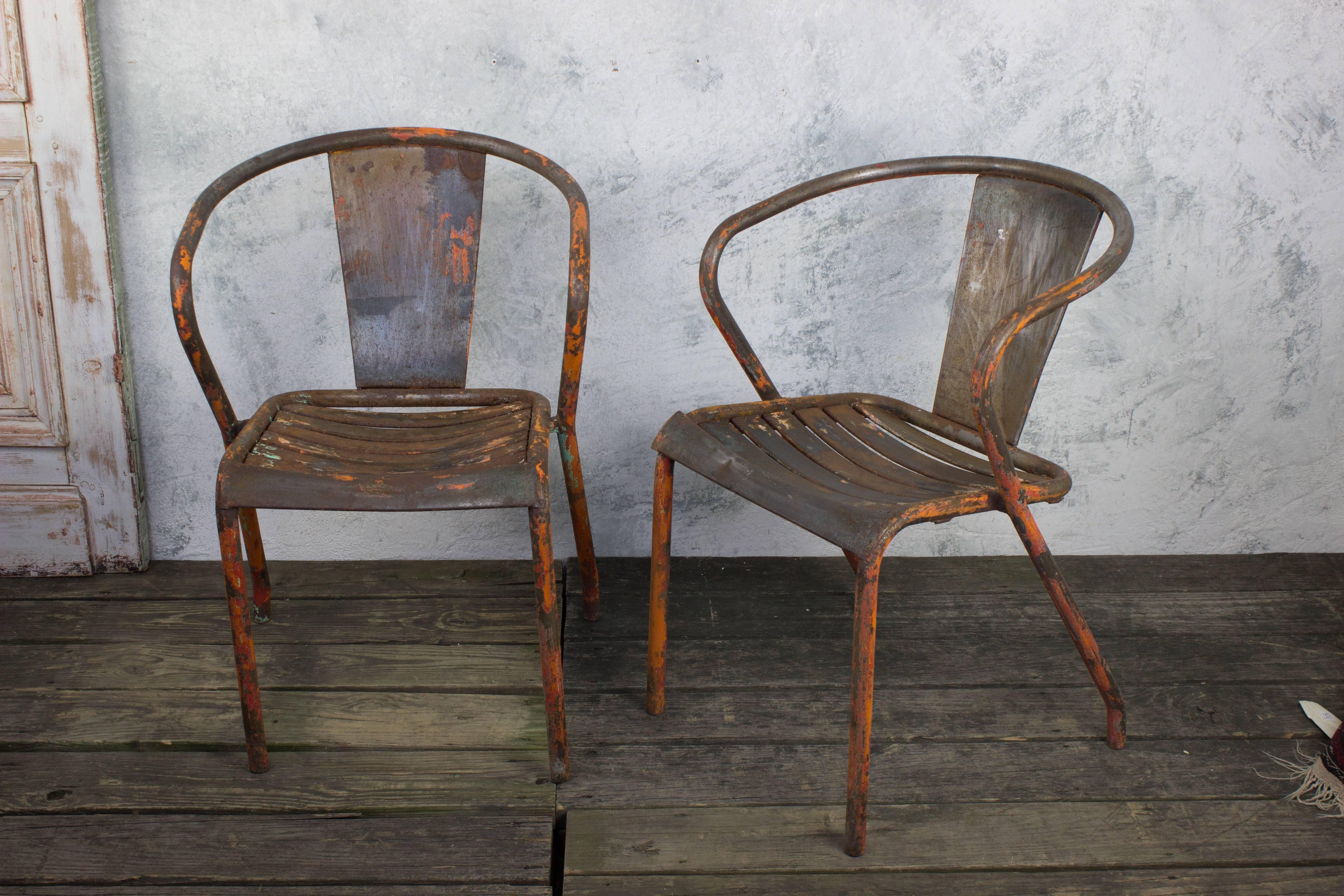 Pair of French Tolix Industrial Chairs with Distressed Orange Paint Finish 2