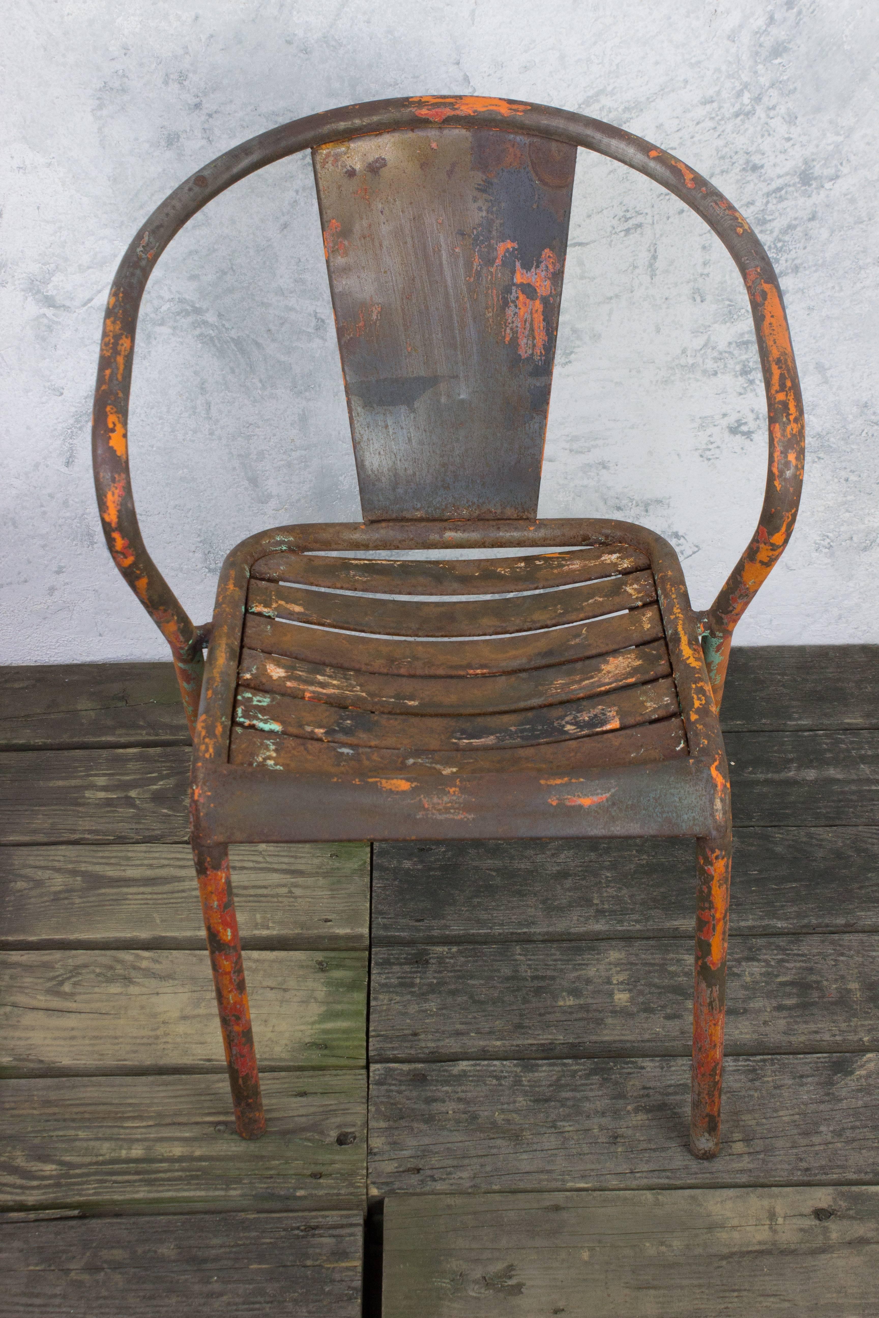 Pair of French Tolix Industrial Chairs with Distressed Orange Paint Finish 3