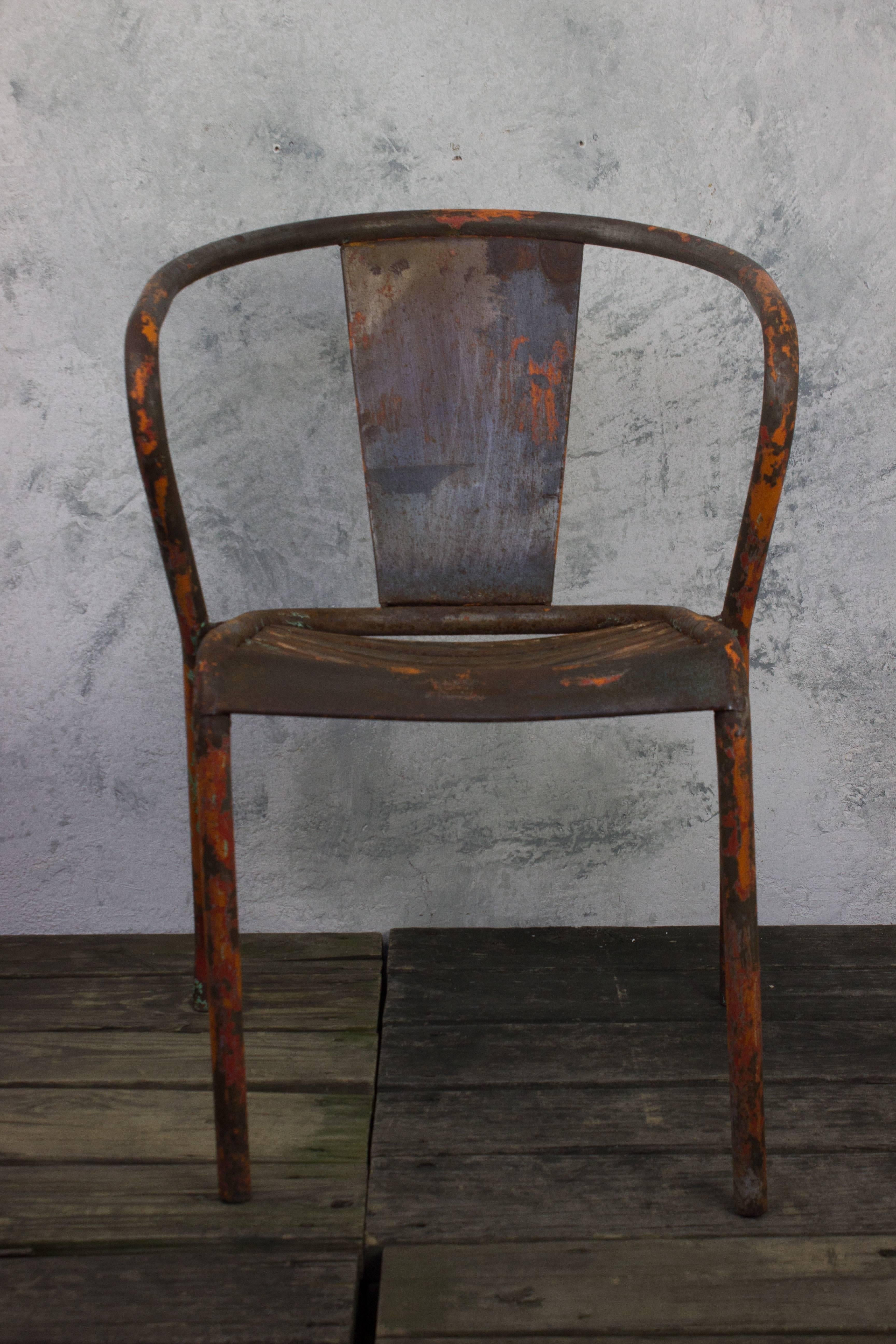 Pair of French Tolix Industrial Chairs with Distressed Orange Paint Finish 4