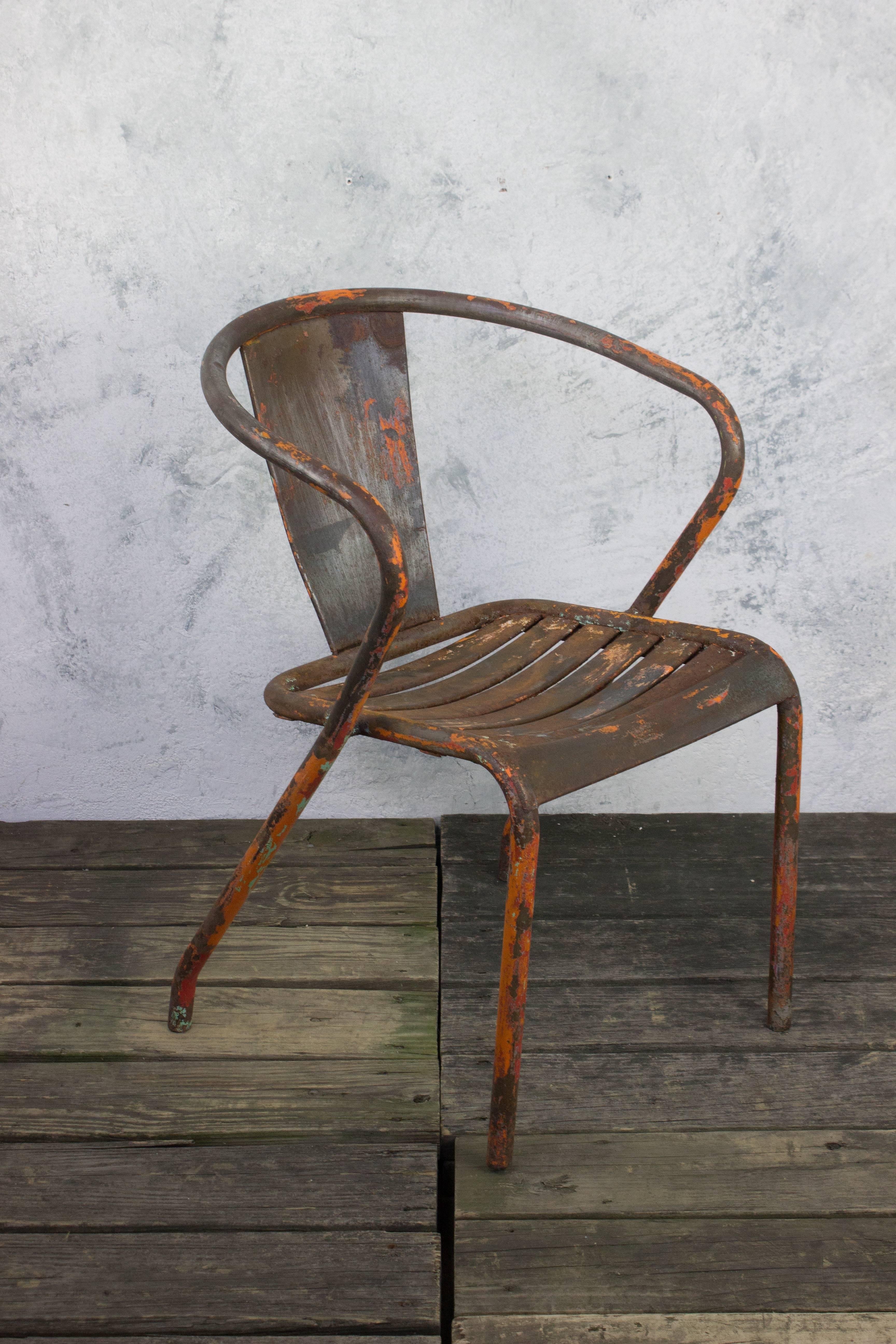 Pair of French Tolix Industrial Chairs with Distressed Orange Paint Finish 1