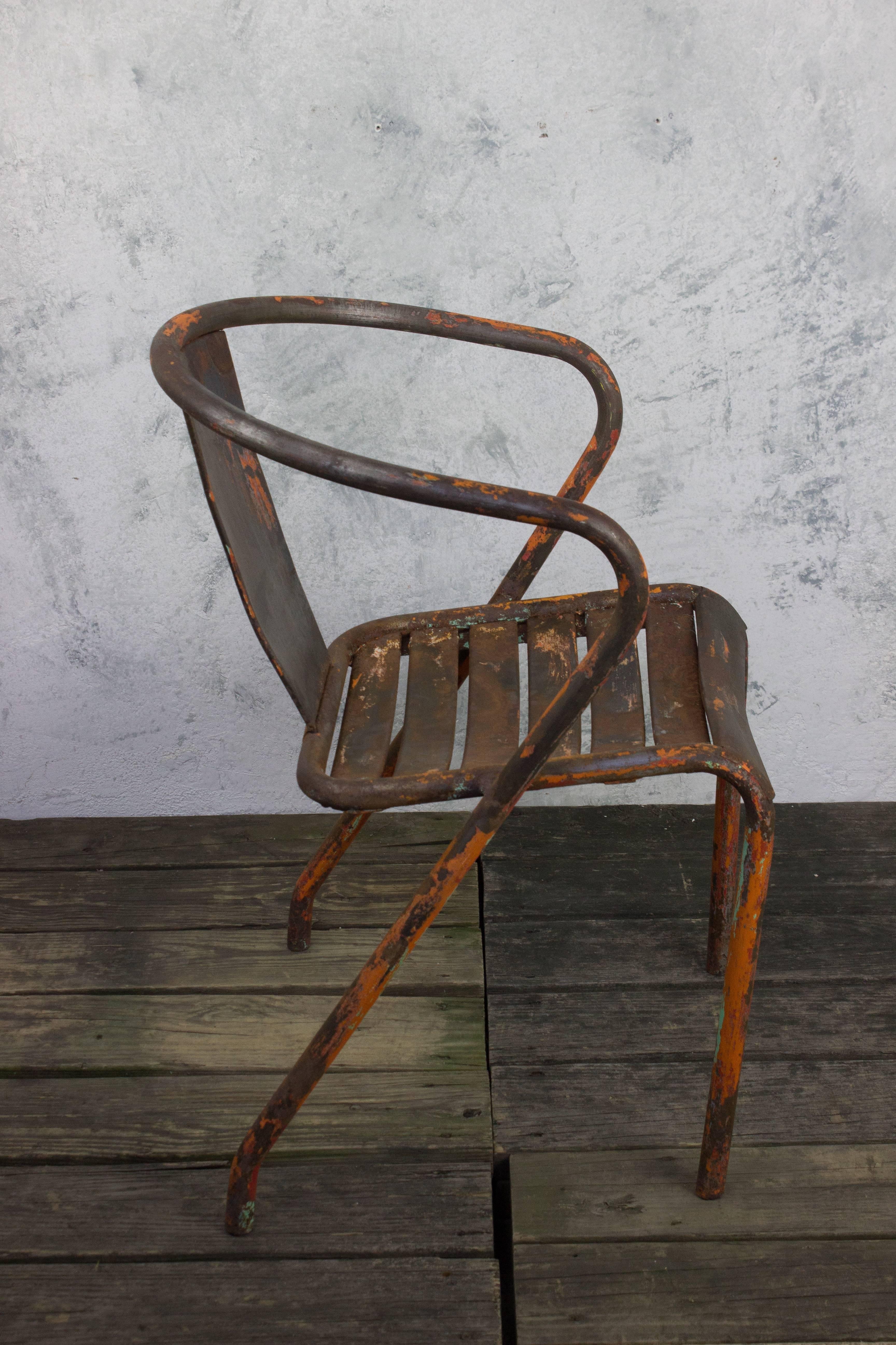 Pair of French Tolix Industrial Chairs with Distressed Orange Paint Finish 5
