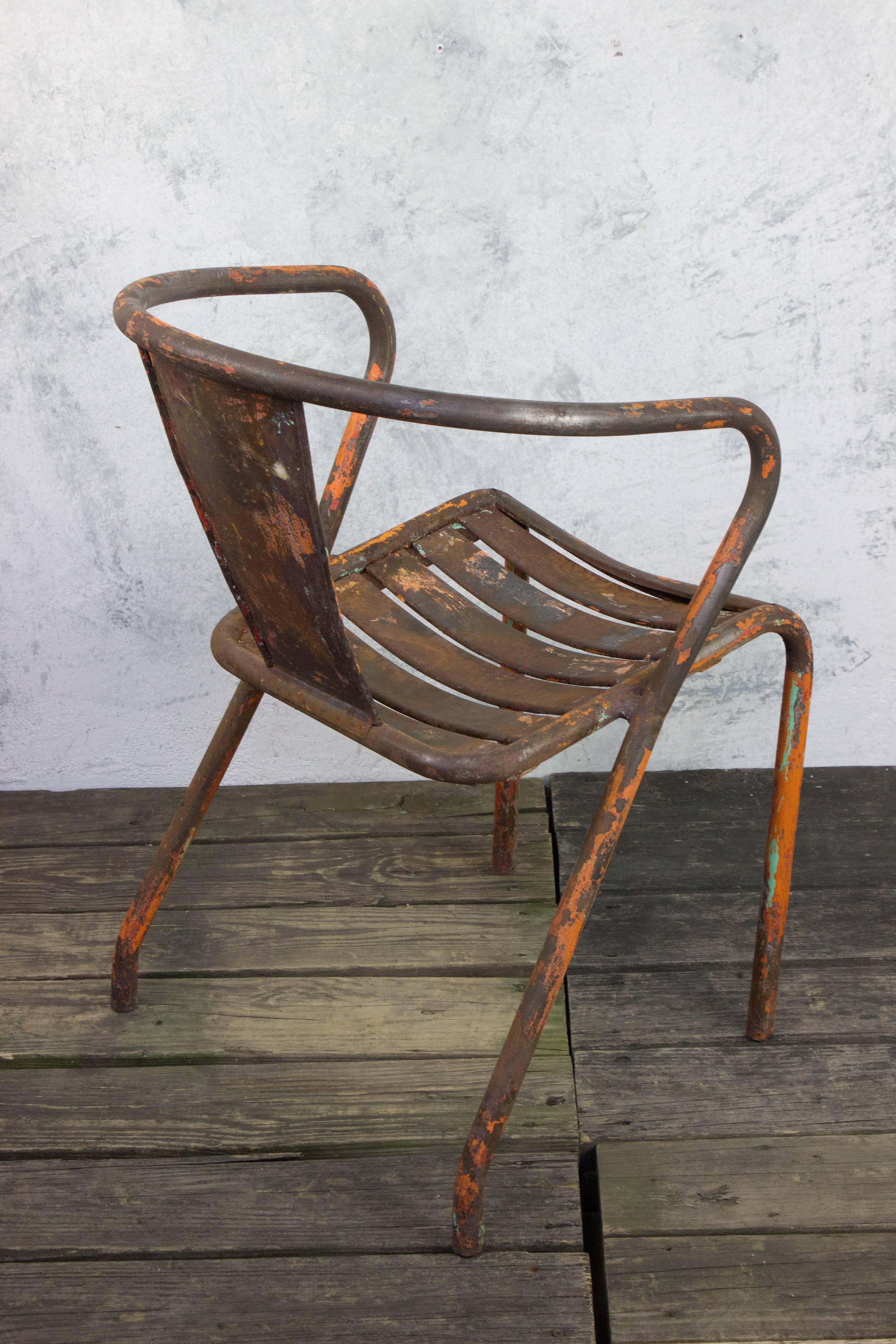 Pair of French Tolix Industrial Chairs with Distressed Orange Paint Finish 8