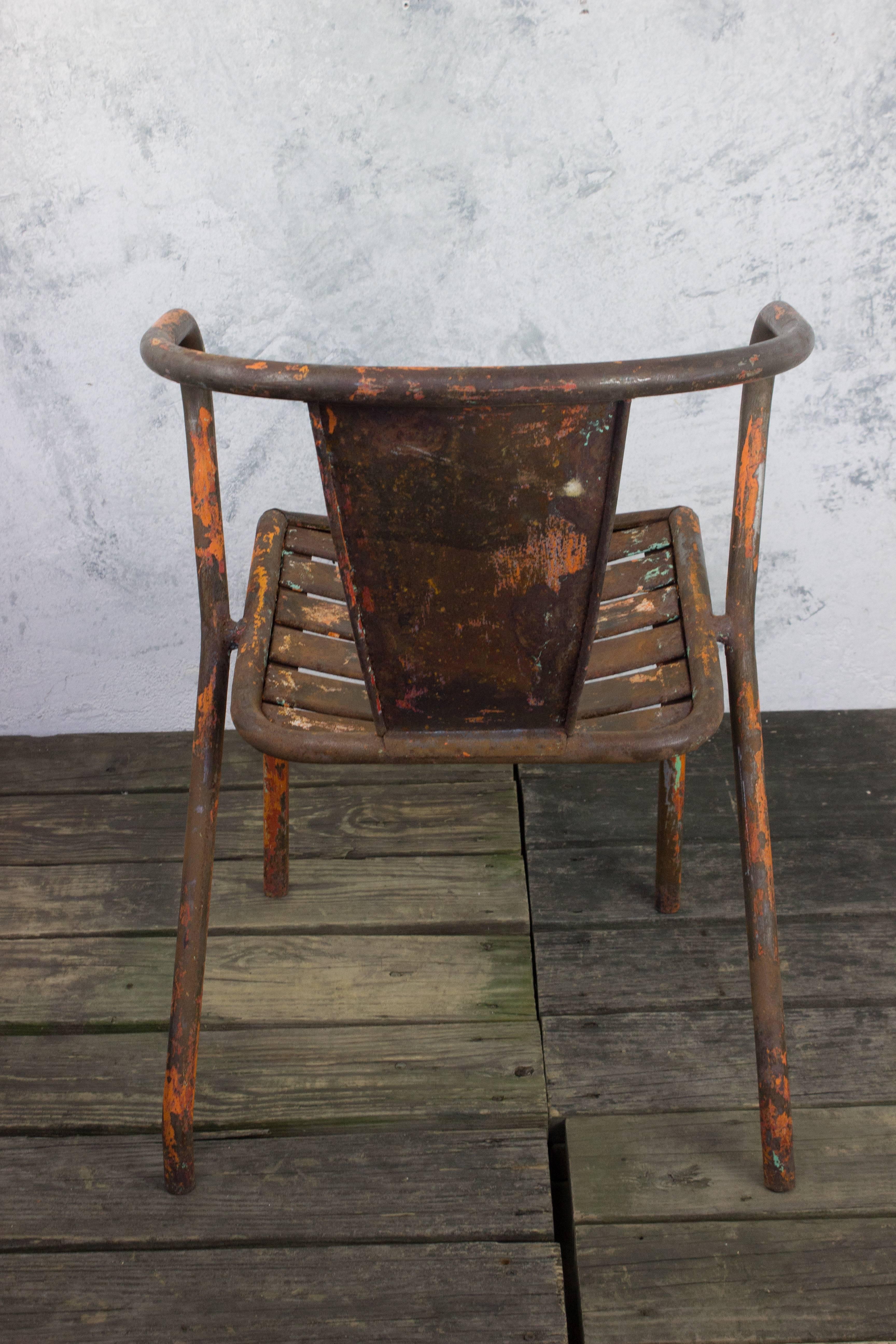 Pair of French Tolix Industrial Chairs with Distressed Orange Paint Finish 6