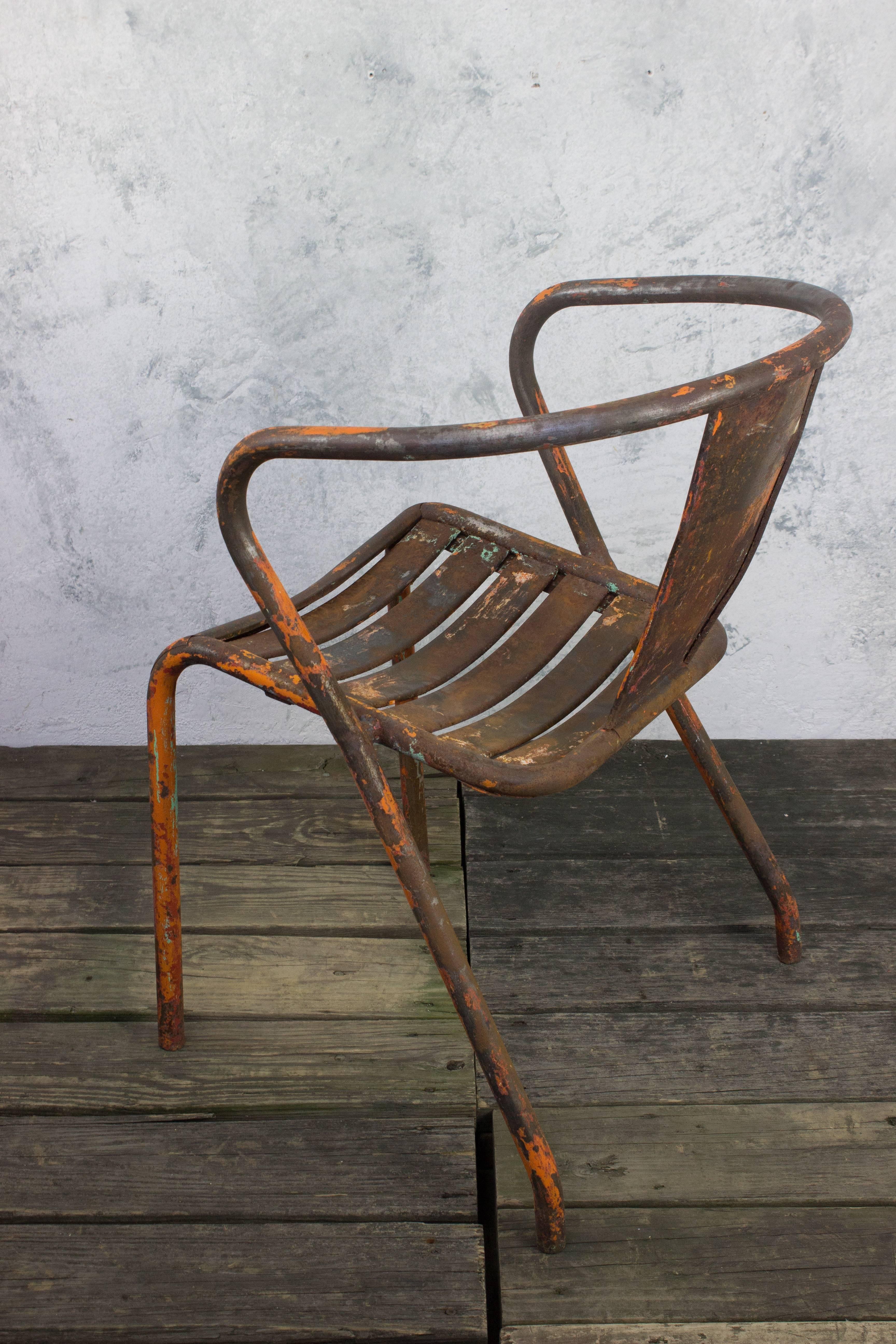 Pair of French Tolix Industrial Chairs with Distressed Orange Paint Finish 7