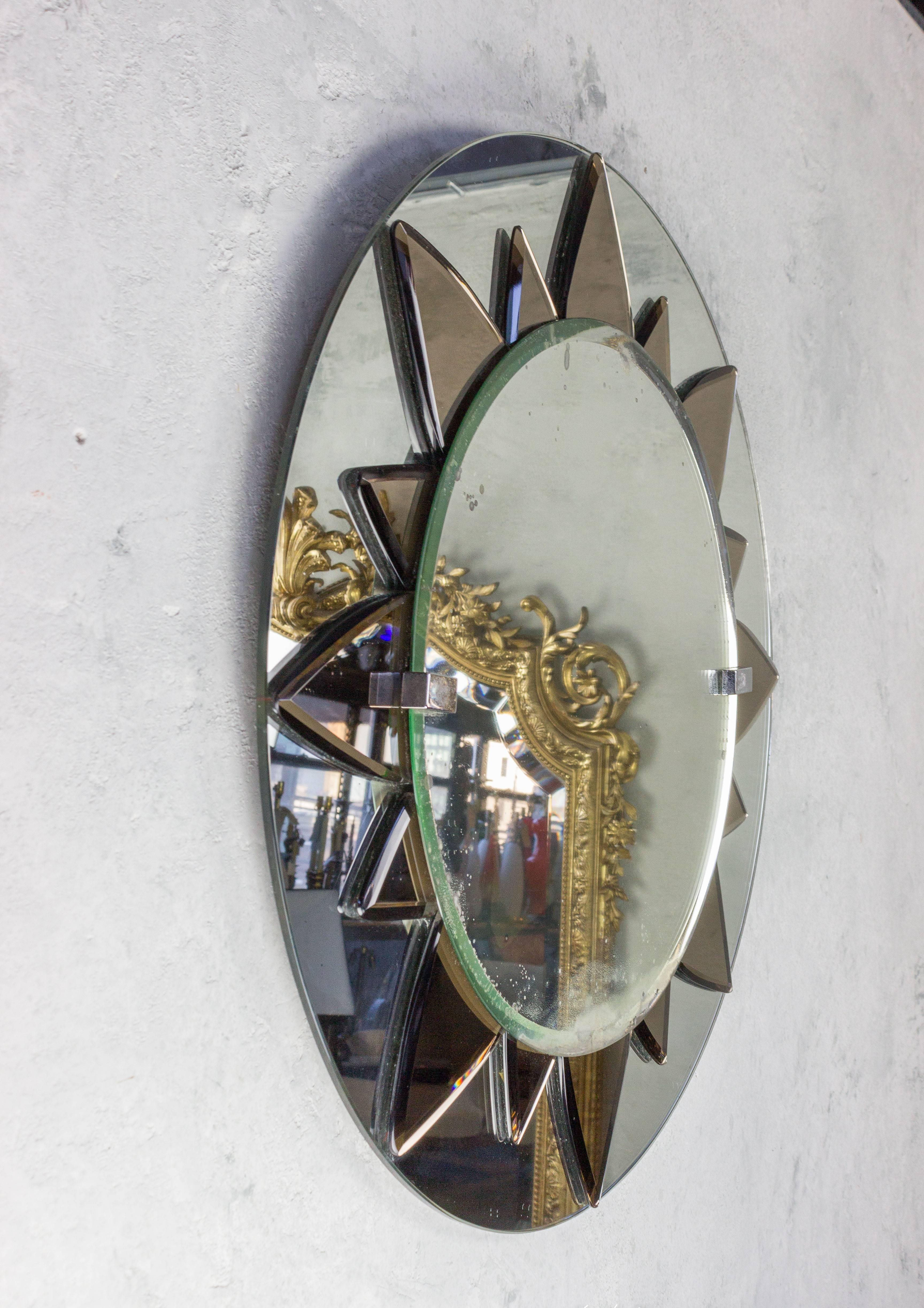 Mid-20th Century Unusual Art Deco Style Mirror with Rose Mirror Sunburst Design For Sale