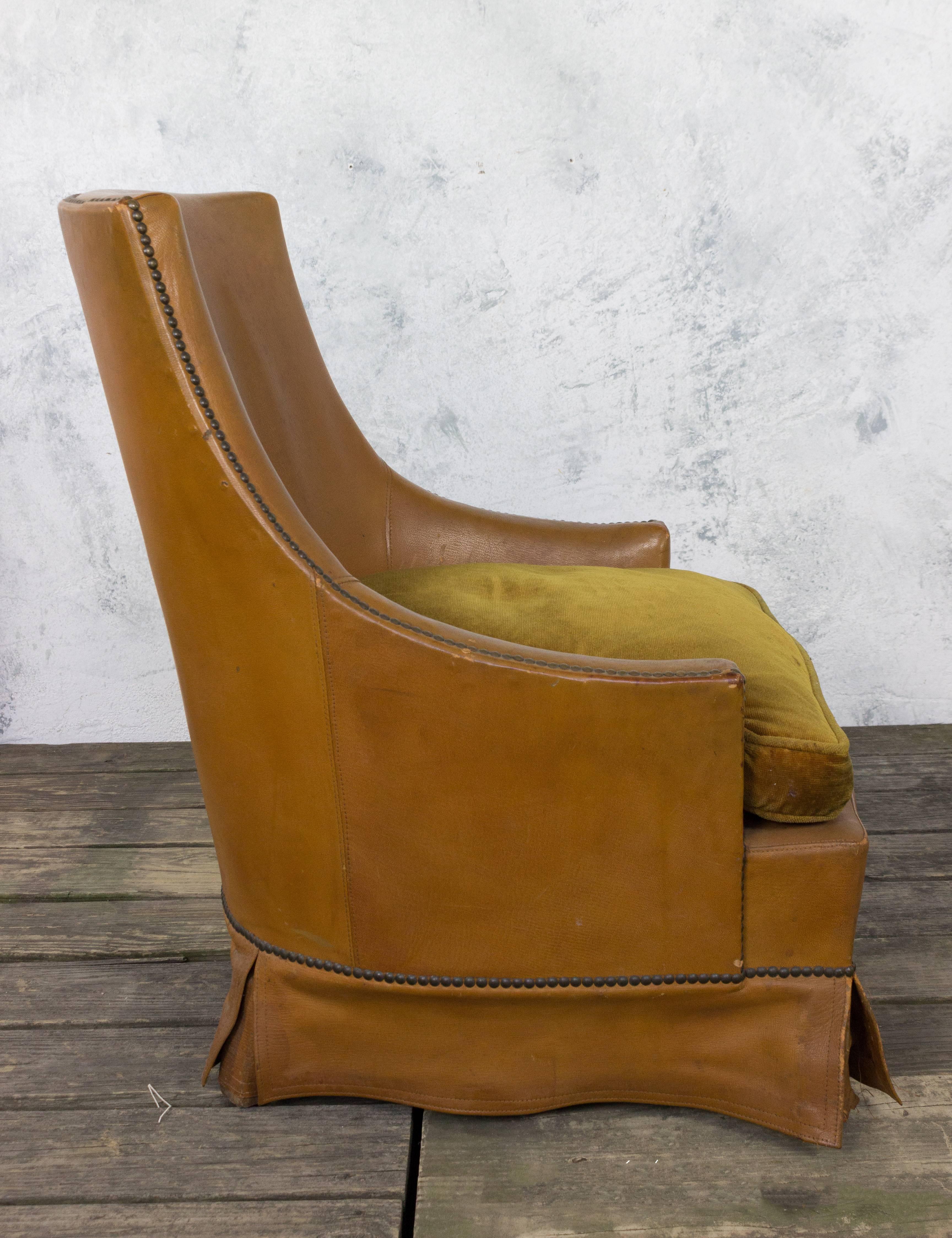 Mid-20th Century French Leather Armchair with Brass Nailheads For Sale